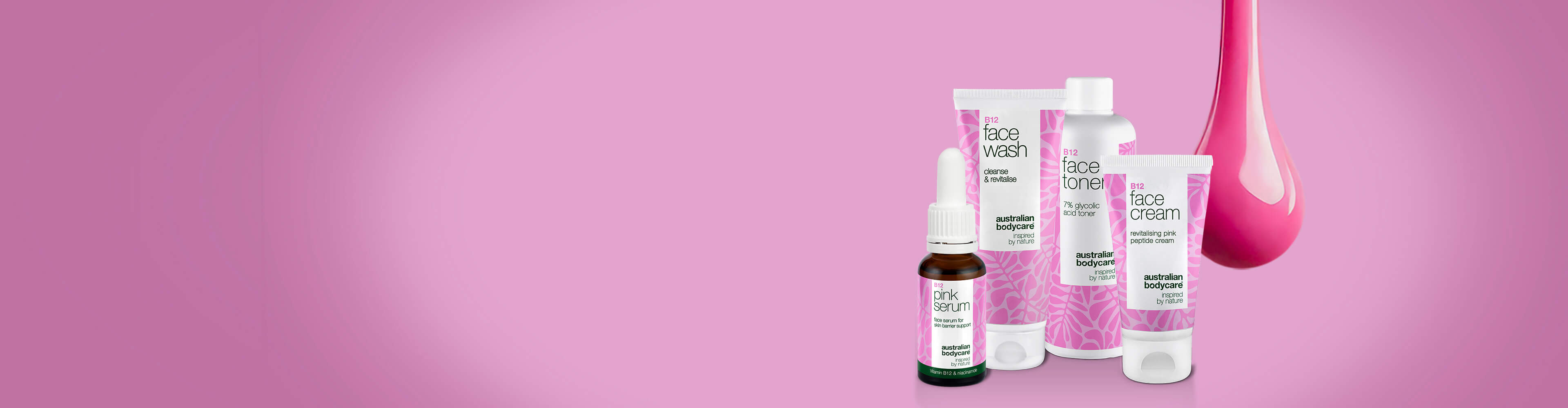 Banner de vitamina B12 que muestra 4 de los nuevos productos de vitamina B12 y el familiar color rosa.