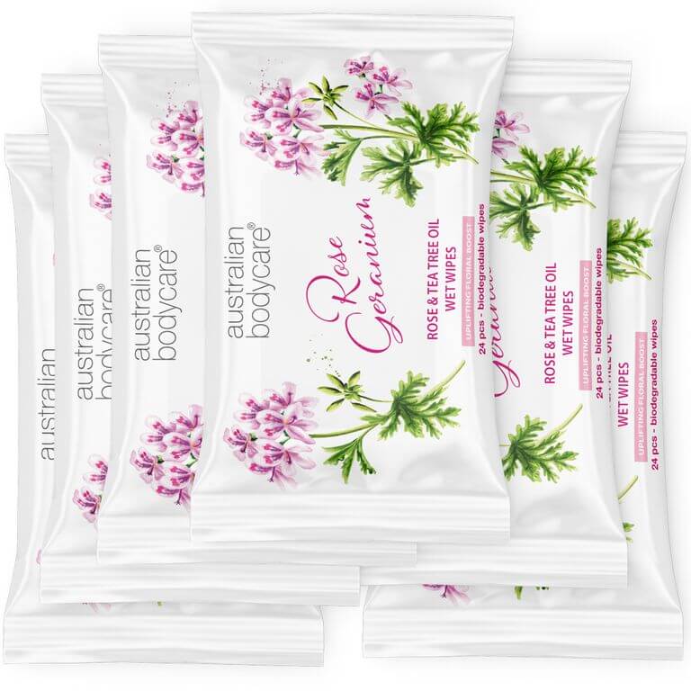 Toallitas húmedas con geranio rosa y aceite de árbol de té 24 piezas - Limpia de bacterias, suciedad y maquillaje