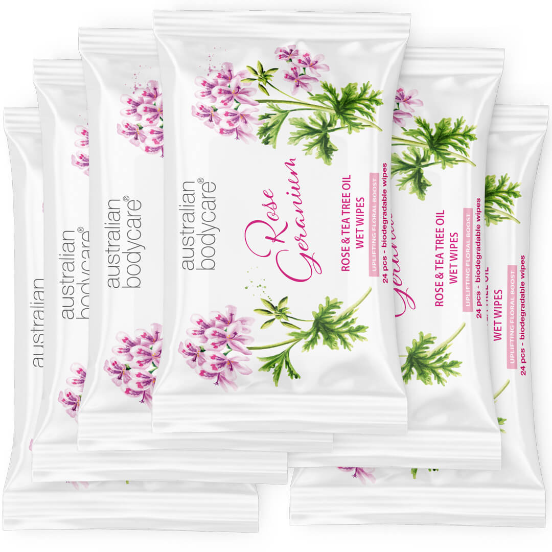 Toallitas húmedas con geranio rosa y aceite de árbol de té 24 piezas - Limpia de bacterias, suciedad y maquillaje
