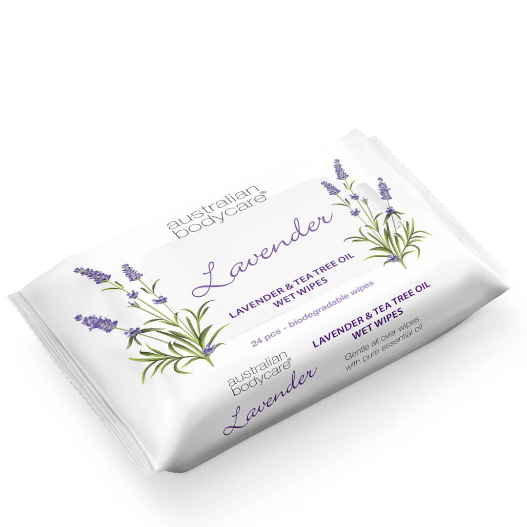 Toallitas húmedas con lavanda y aceite de árbol de té 24 piezas — para limpiar e hidratar la cara y el cuerpo