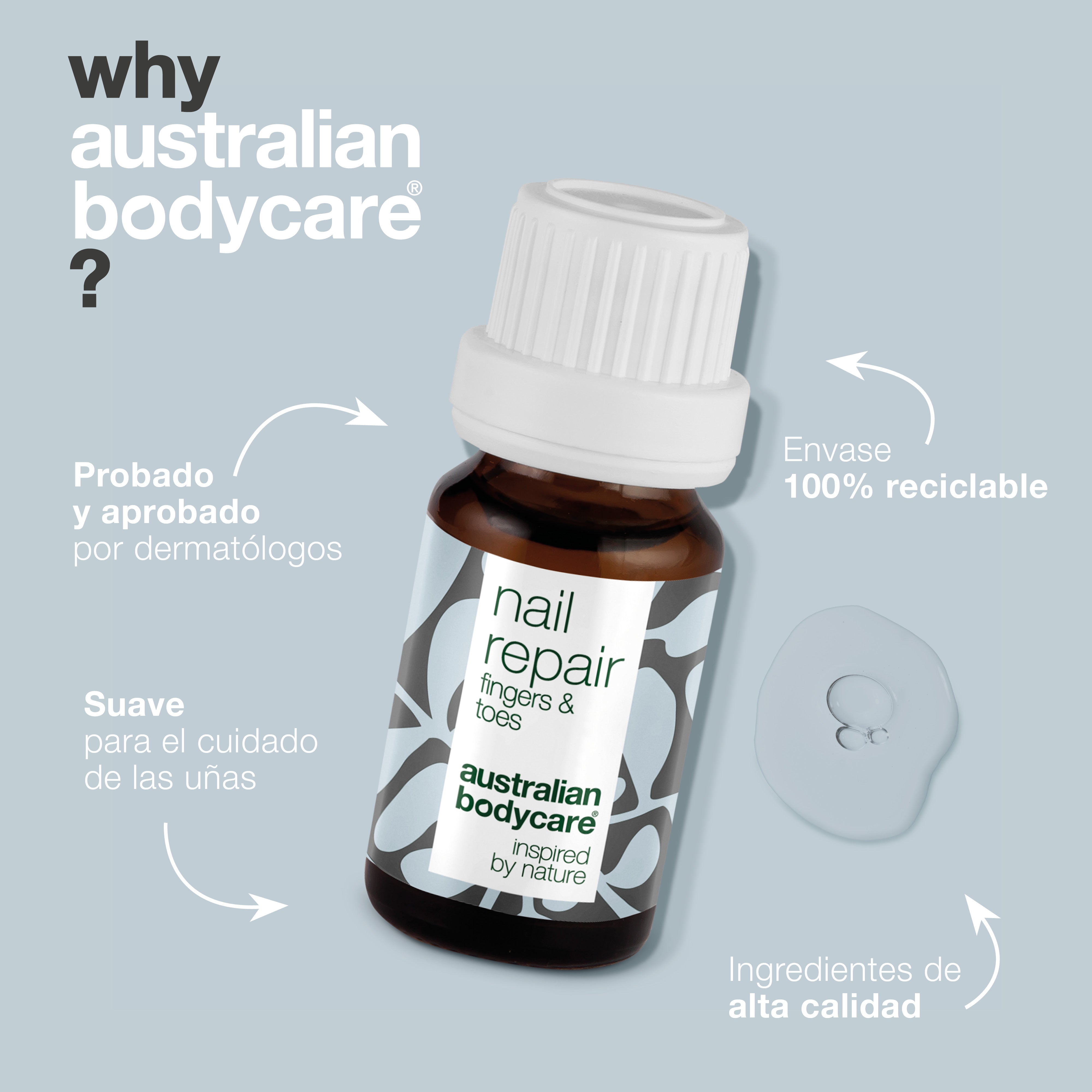 Aceite de uñas para uñas agrietadas y descoloridas: restaure la salud de sus uñas con nuestro aceite de uñas. Combate las uñas agrietadas, ásperas y descoloridas utilizando 4-terpineol natural, conocido por el aceite del árbol del té, y vitamina E.