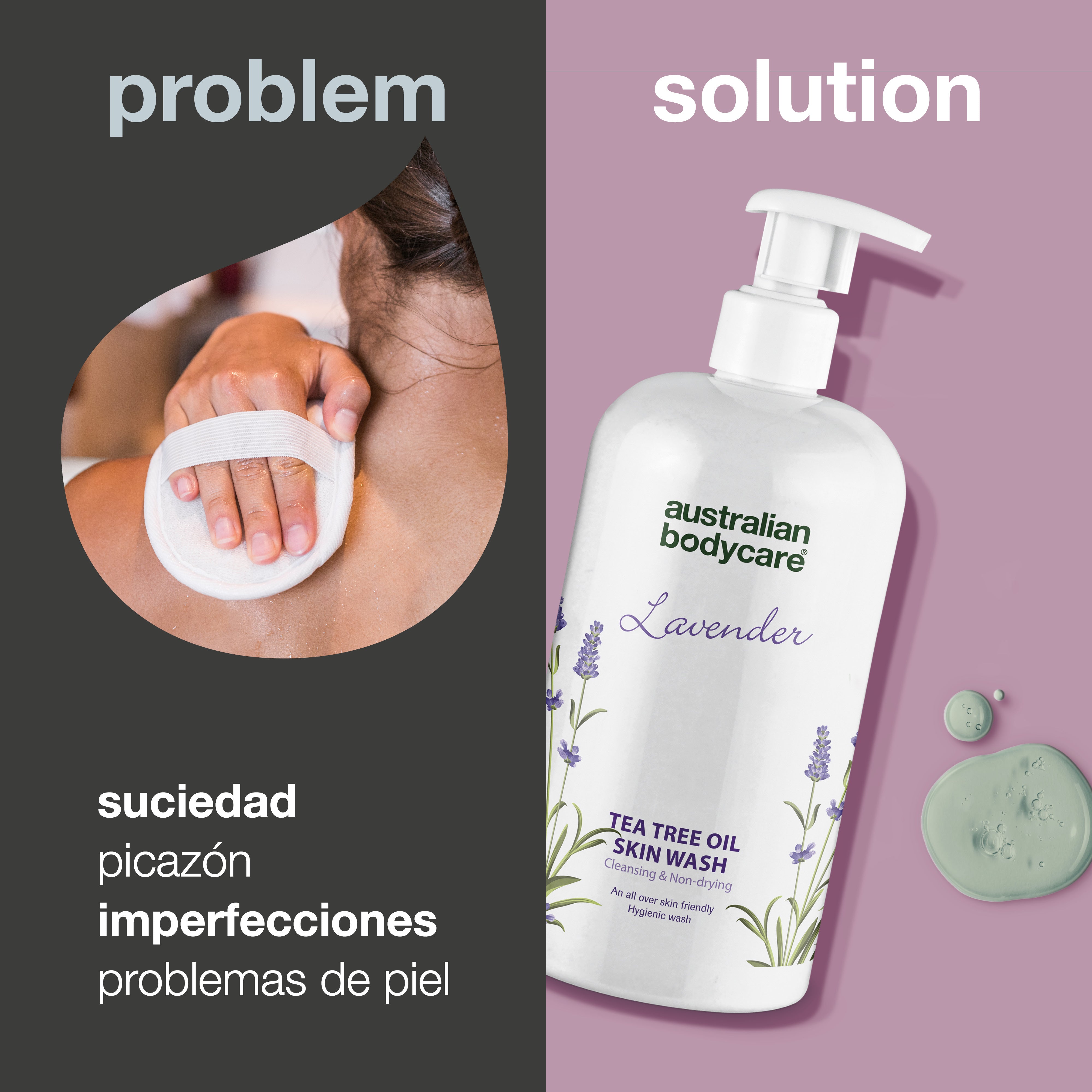 Professional Lavender Skin Wash — Gel de ducha profesional con aceite de árbol de té y lavanda para lavar tu cuerpo a diario
