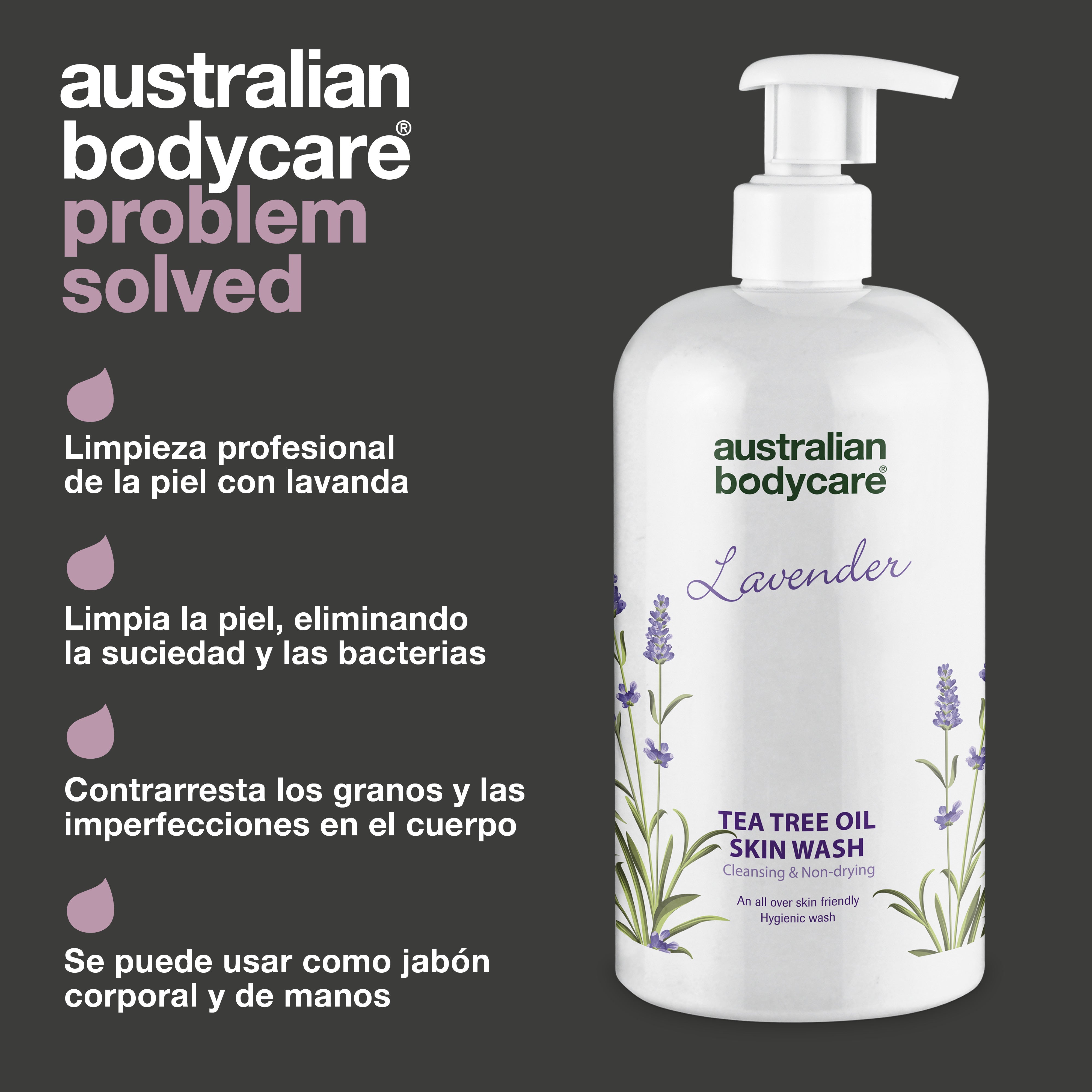 Professional Lavender Skin Wash — Gel de ducha profesional con aceite de árbol de té y lavanda para lavar tu cuerpo a diario