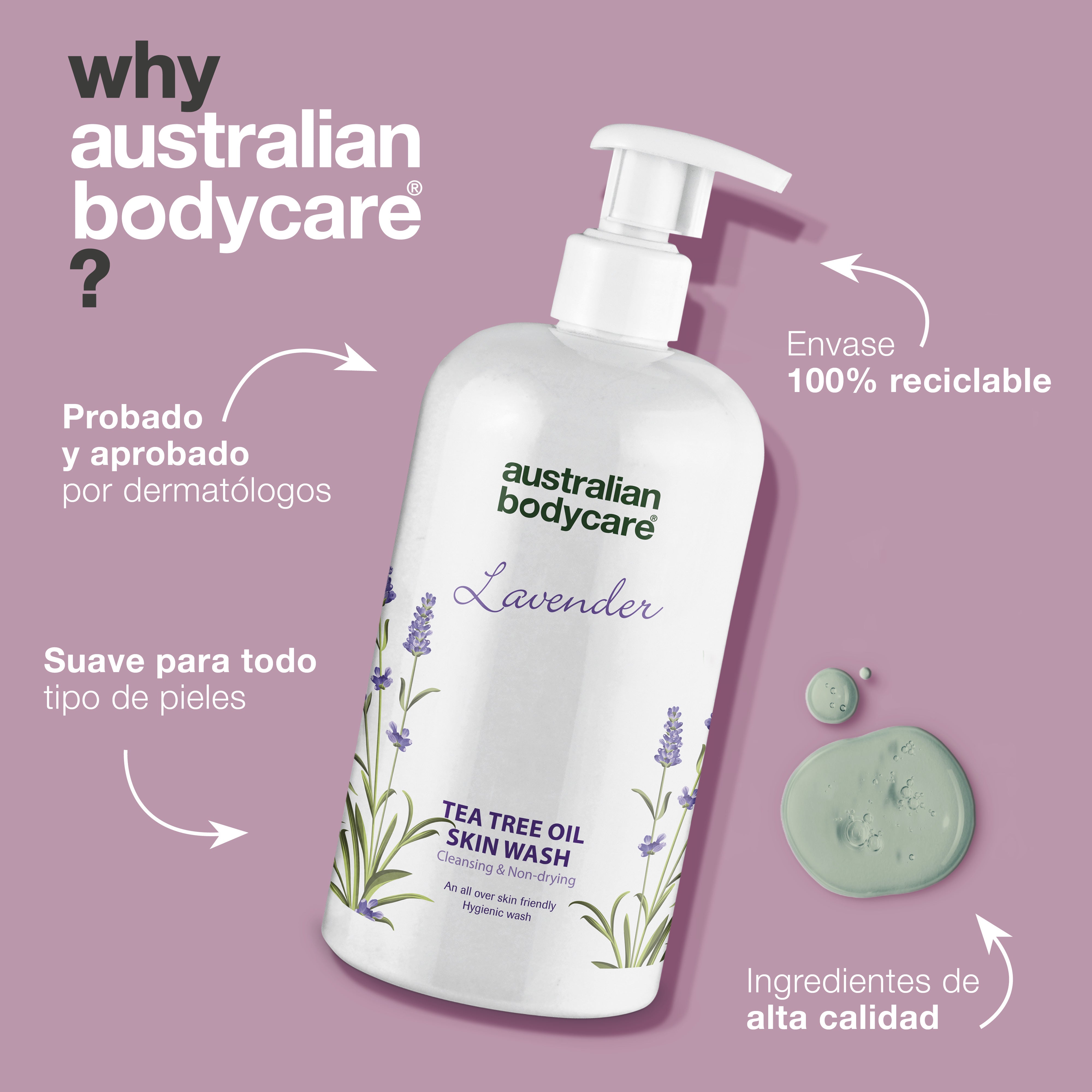 Professional Lavender Skin Wash — Gel de ducha profesional con aceite de árbol de té y lavanda para lavar tu cuerpo a diario