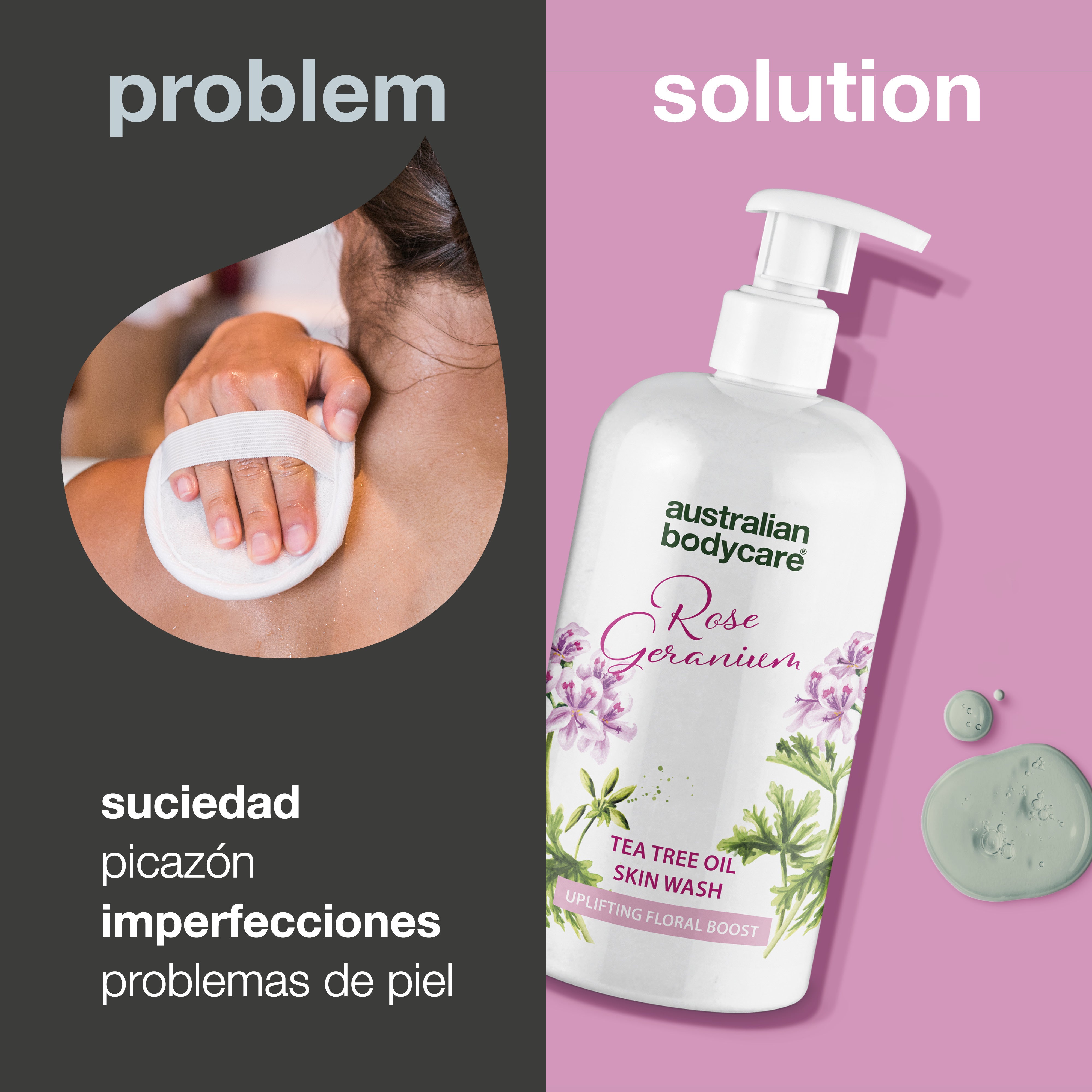 Professional Rose Skin Wash: gel de ducha de limpieza profunda con aceite de árbol de té y geranio rosa