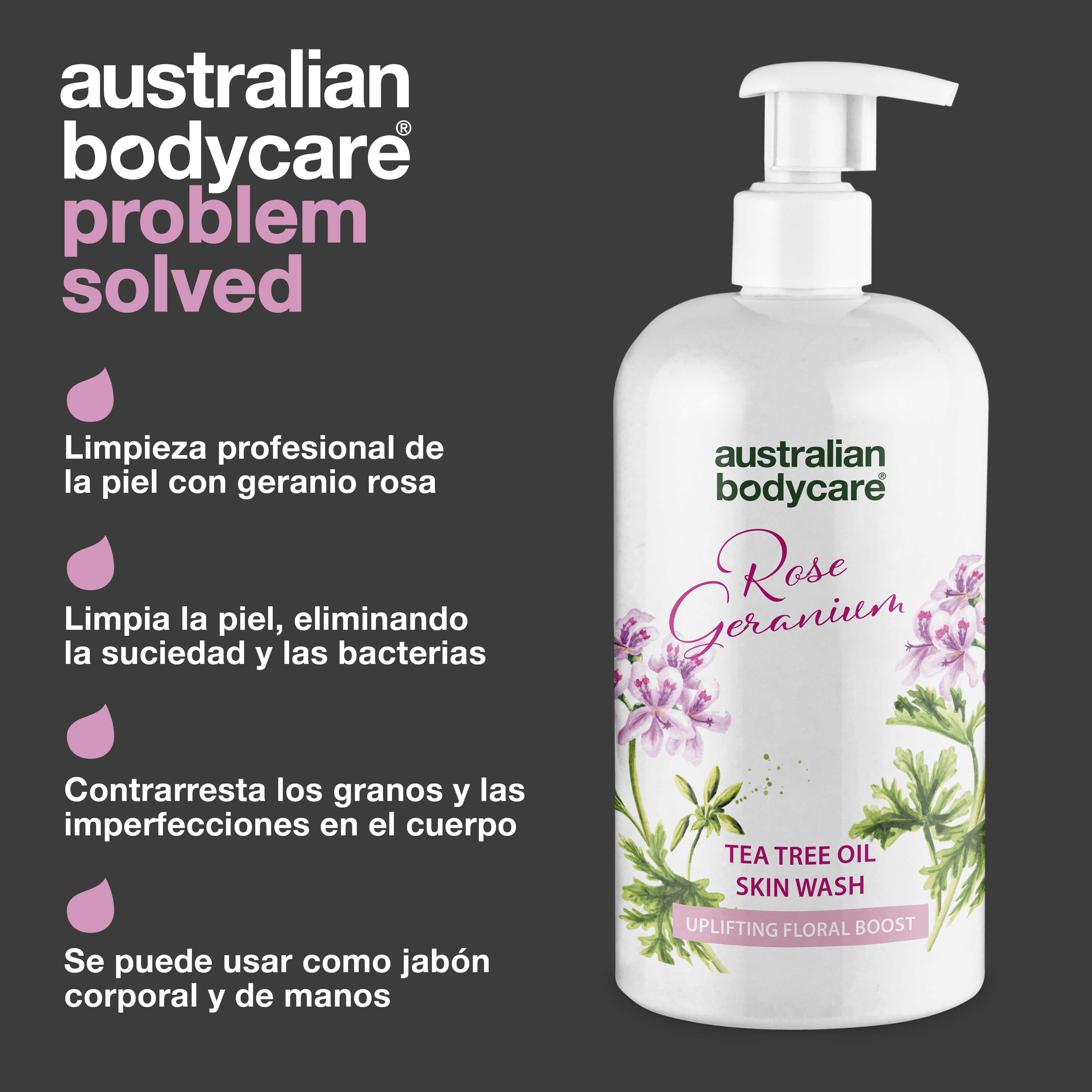 Professional Rose Skin Wash: gel de ducha de limpieza profunda con aceite de árbol de té y geranio rosa