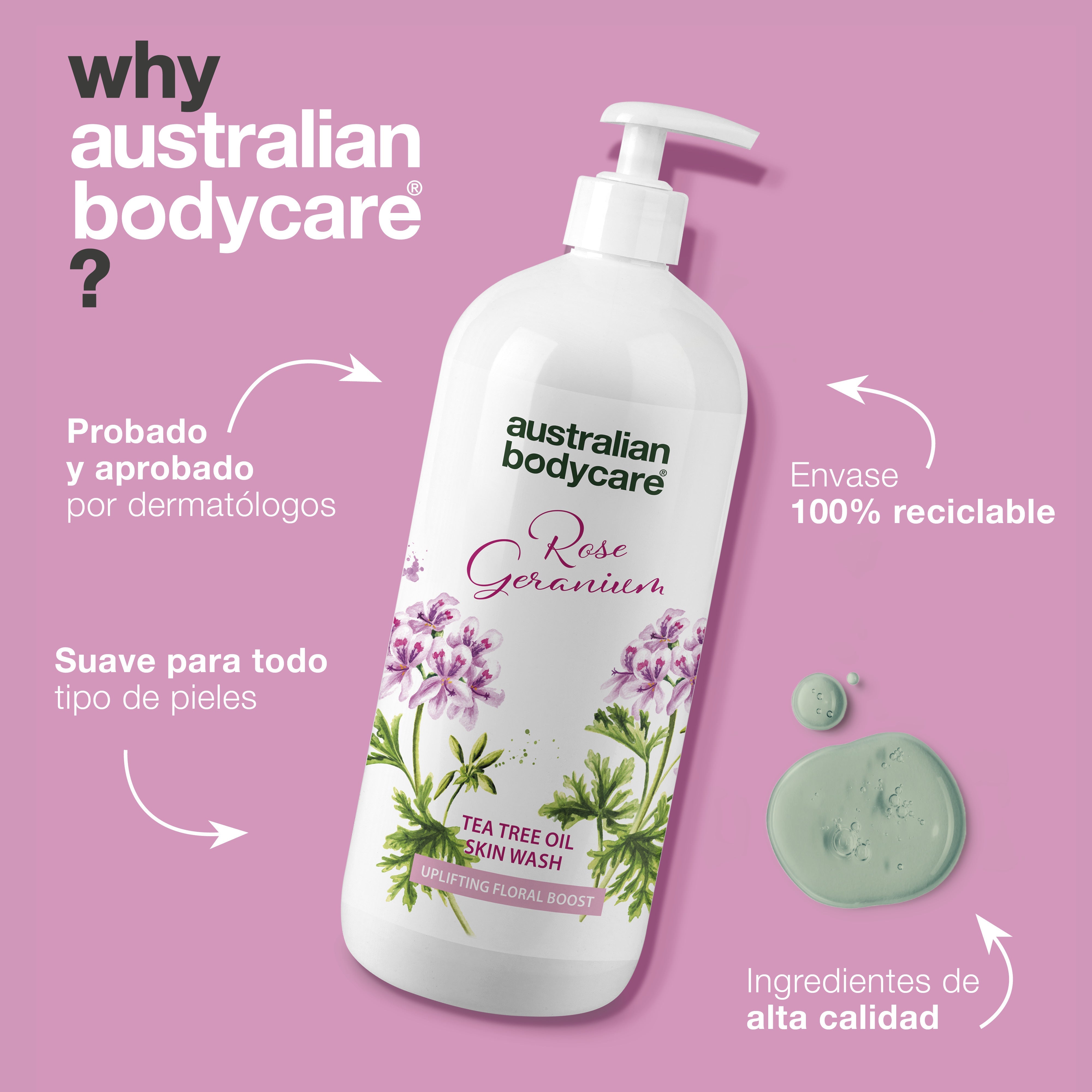 Professional Rose Skin Wash: gel de ducha de limpieza profunda con aceite de árbol de té y geranio rosa