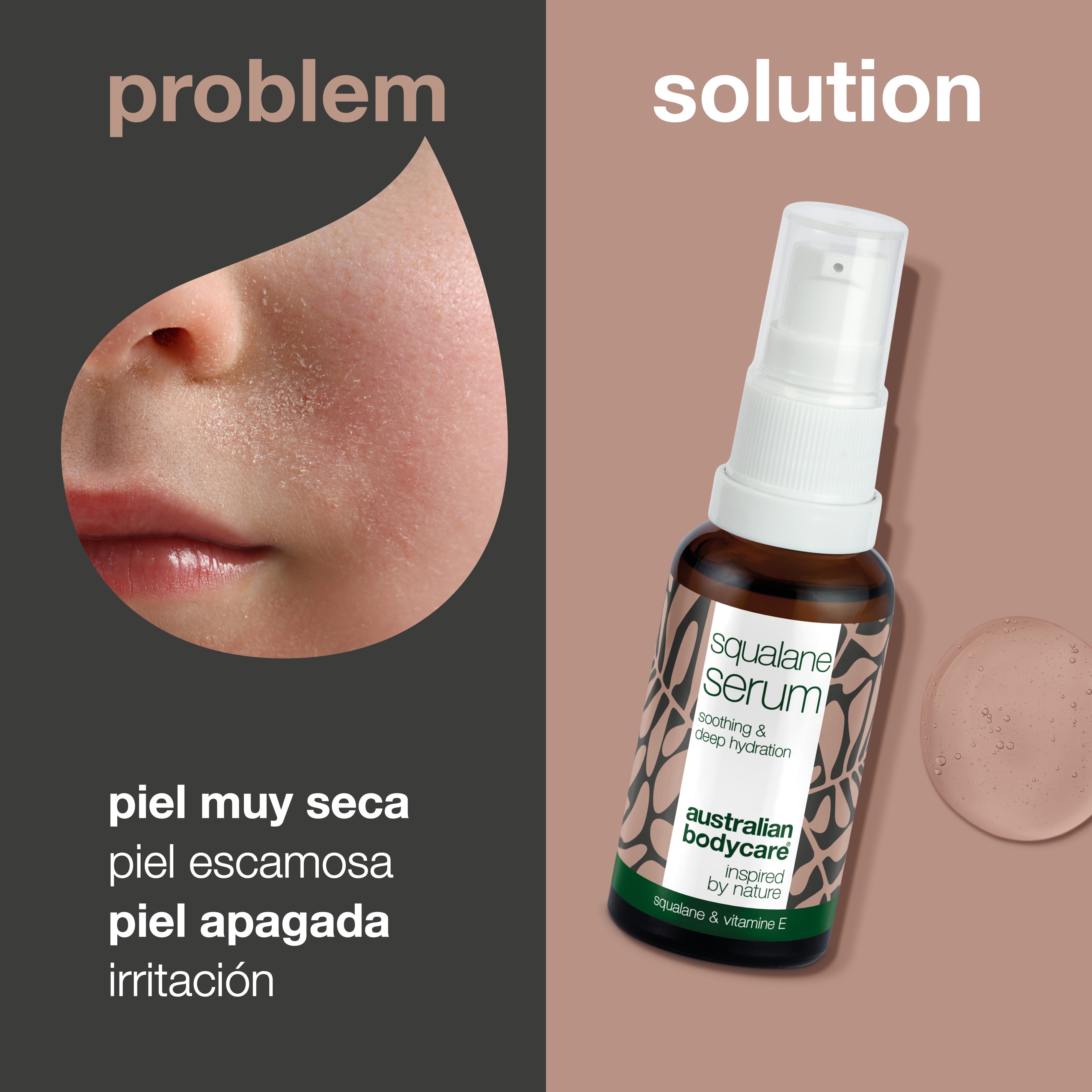 Sérum hidratante de escualano y vitamina E para pieles secas — Sérum hidratante intensivo con escualano, vitamina E y aceite de árbol de té para pieles muy secas