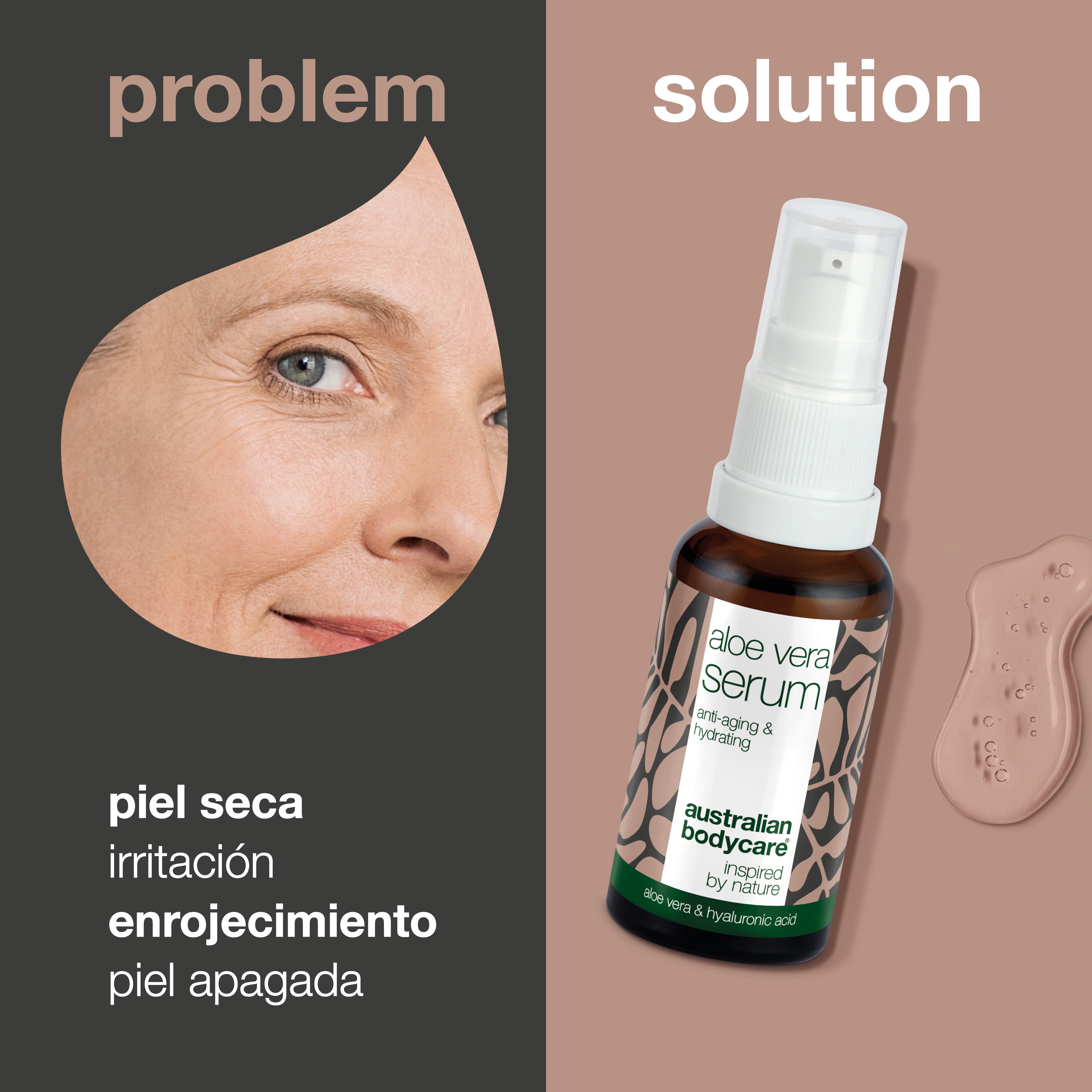 Aloe vera, suero hidratante y antienvejecimiento con vitamina C, E, F — Suero hidratante con aloe vera, aceite de árbol de té y ácido hialurónico para pieles secas y envejecidas