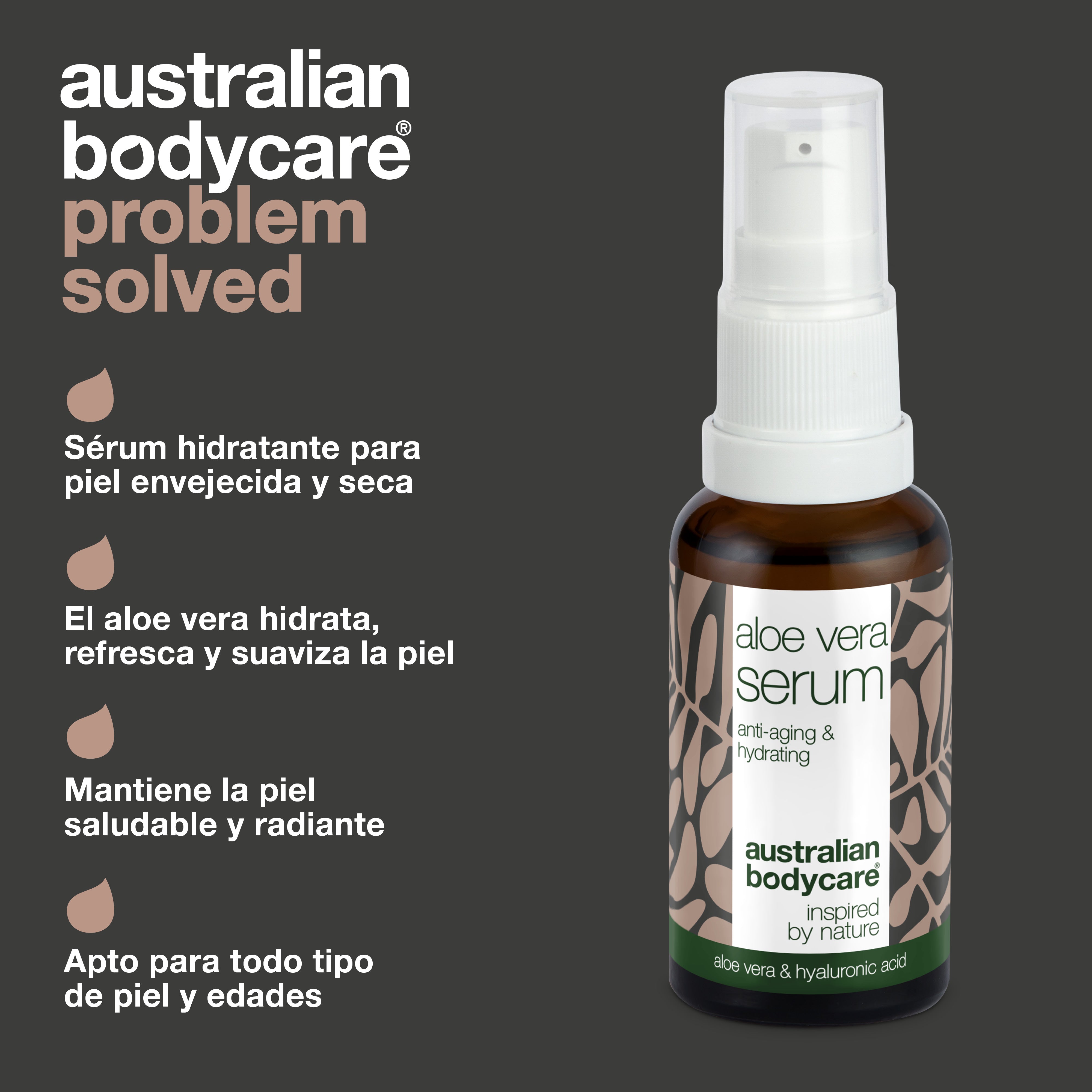 Aloe vera, suero hidratante y antienvejecimiento con vitamina C, E, F — Suero hidratante con aloe vera, aceite de árbol de té y ácido hialurónico para pieles secas y envejecidas