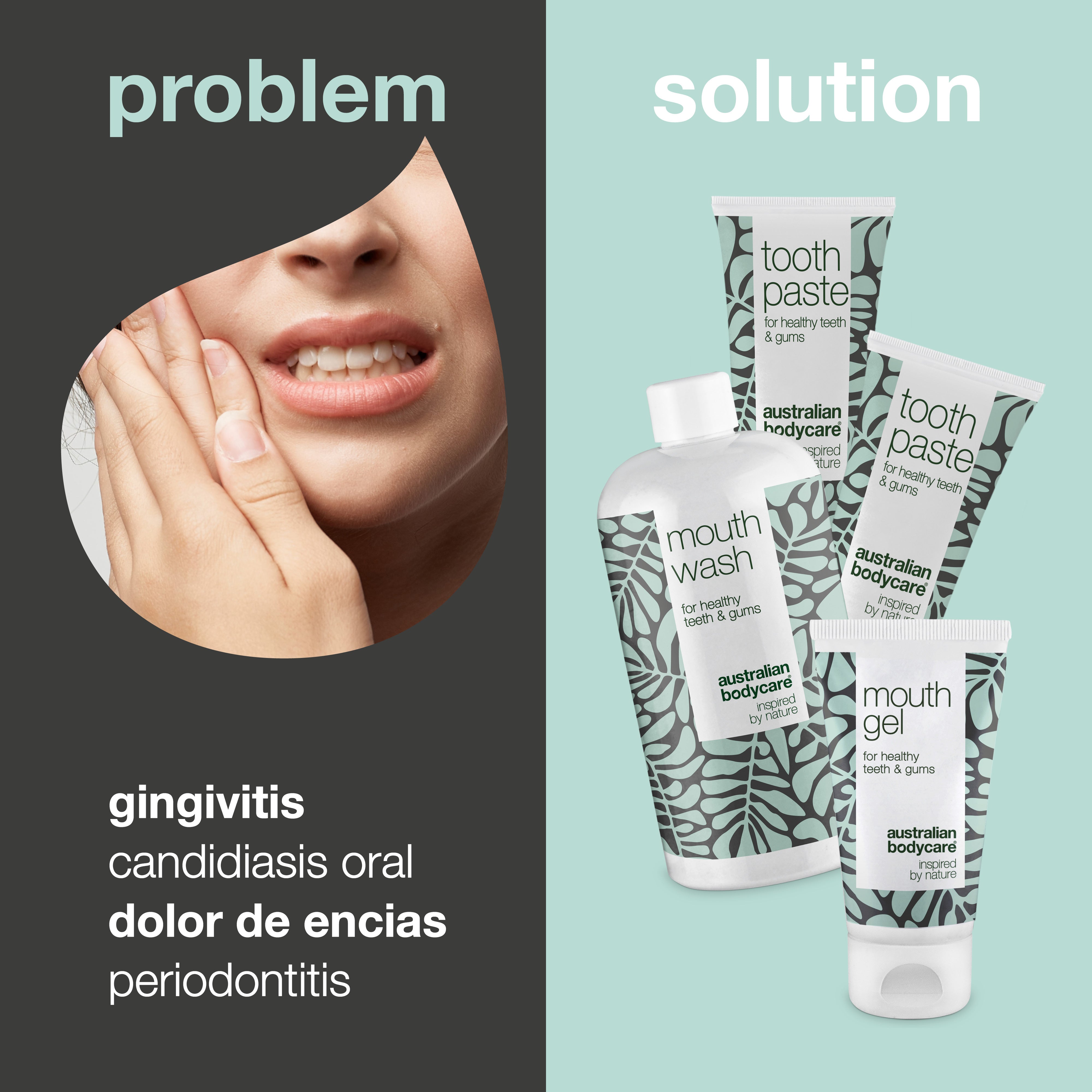 Kit de cuidado bucal con 4 productos con Aceite de Árbol de Té — Para el cuidado diario de aftas bucales, enfermedad periodontal y gingivitis