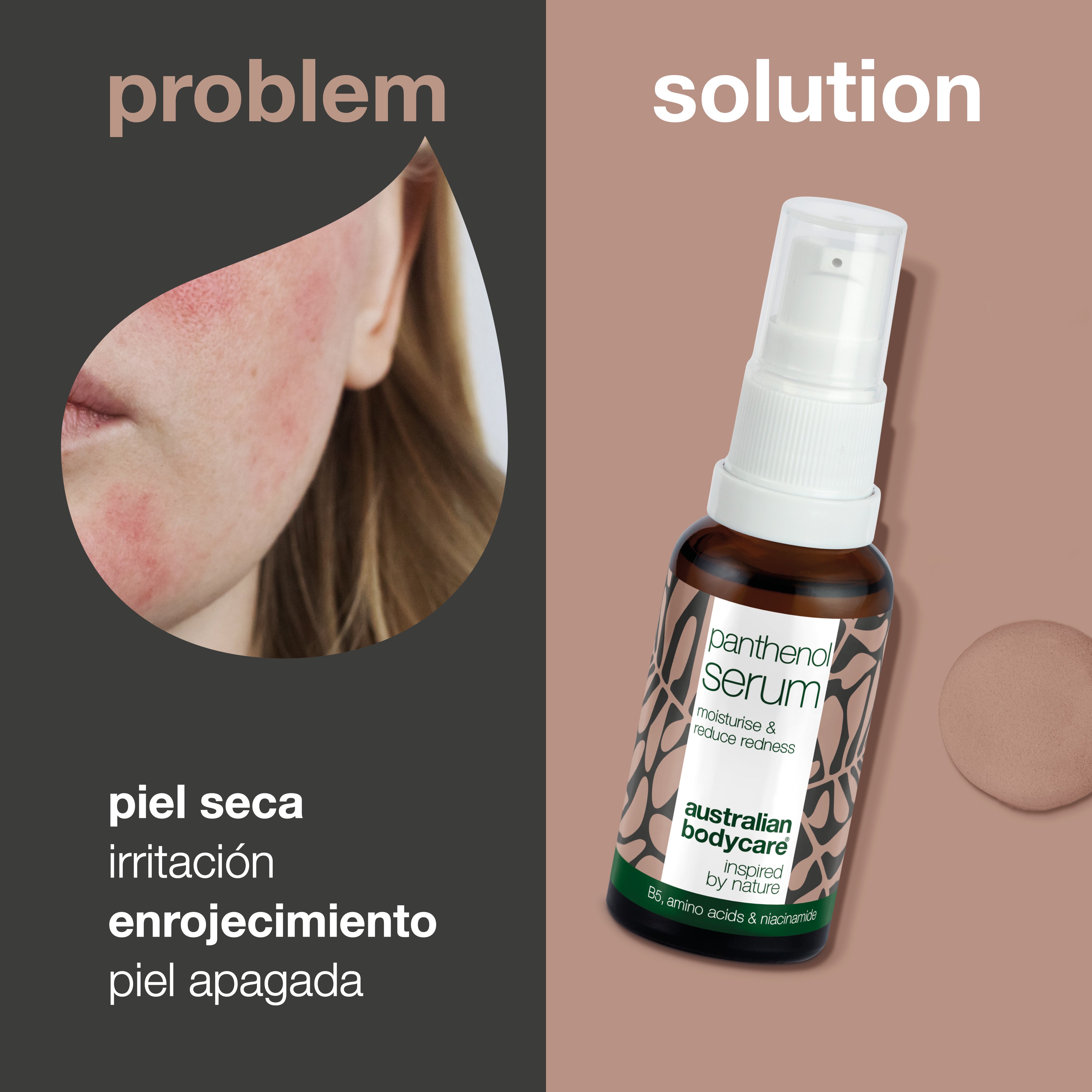 Suero de pantenol para pieles enrojecidas y secas - Fórmula calmante natural: calma e hidrata la piel del rostro seca e irritada con activos naturales. Reduce el enrojecimiento y la picazón para un cutis más saludable.