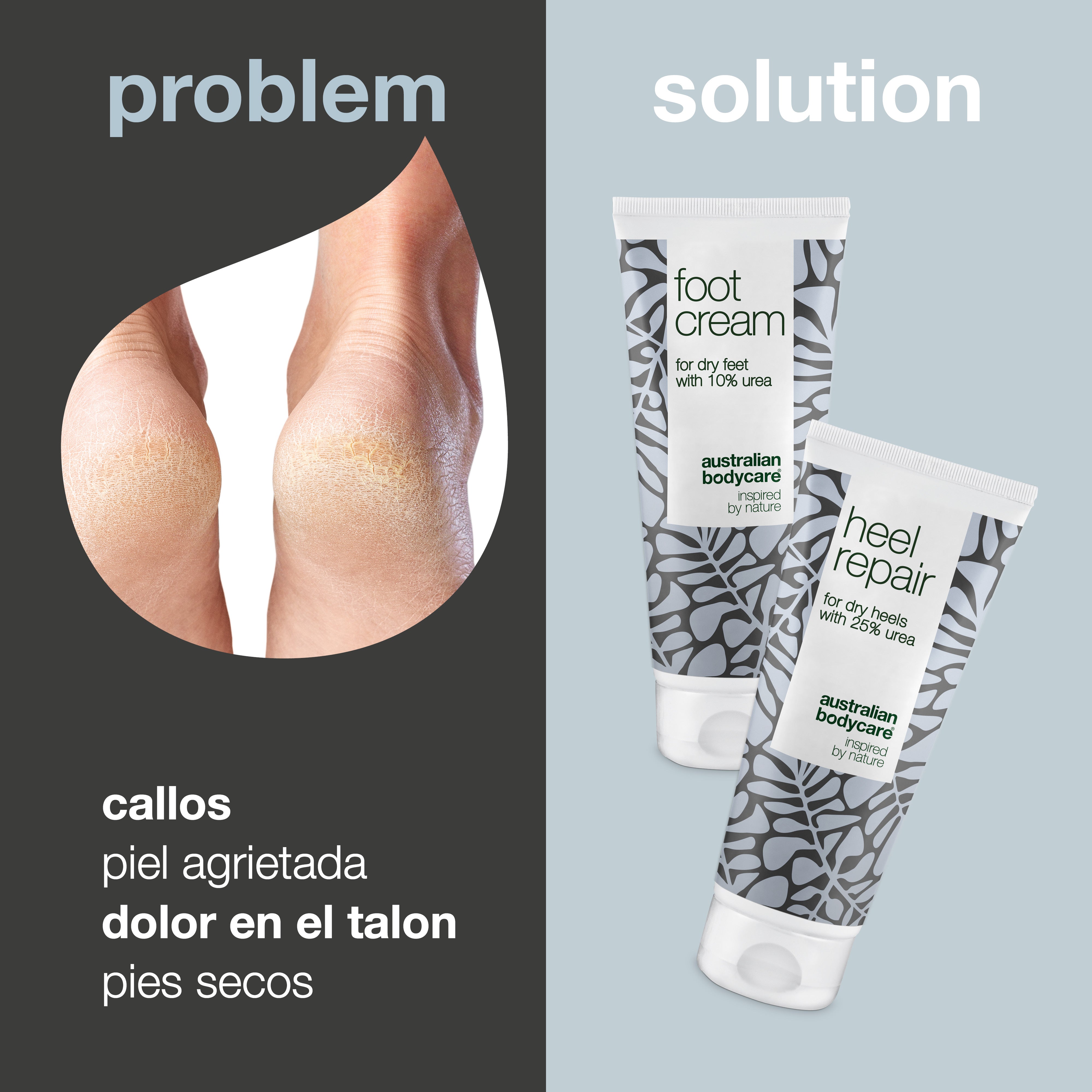 2 productos para durezas de pies y talones — Crema para pies y talones con urea y aceite de árbol de té para durezas de pies y grietas en talones