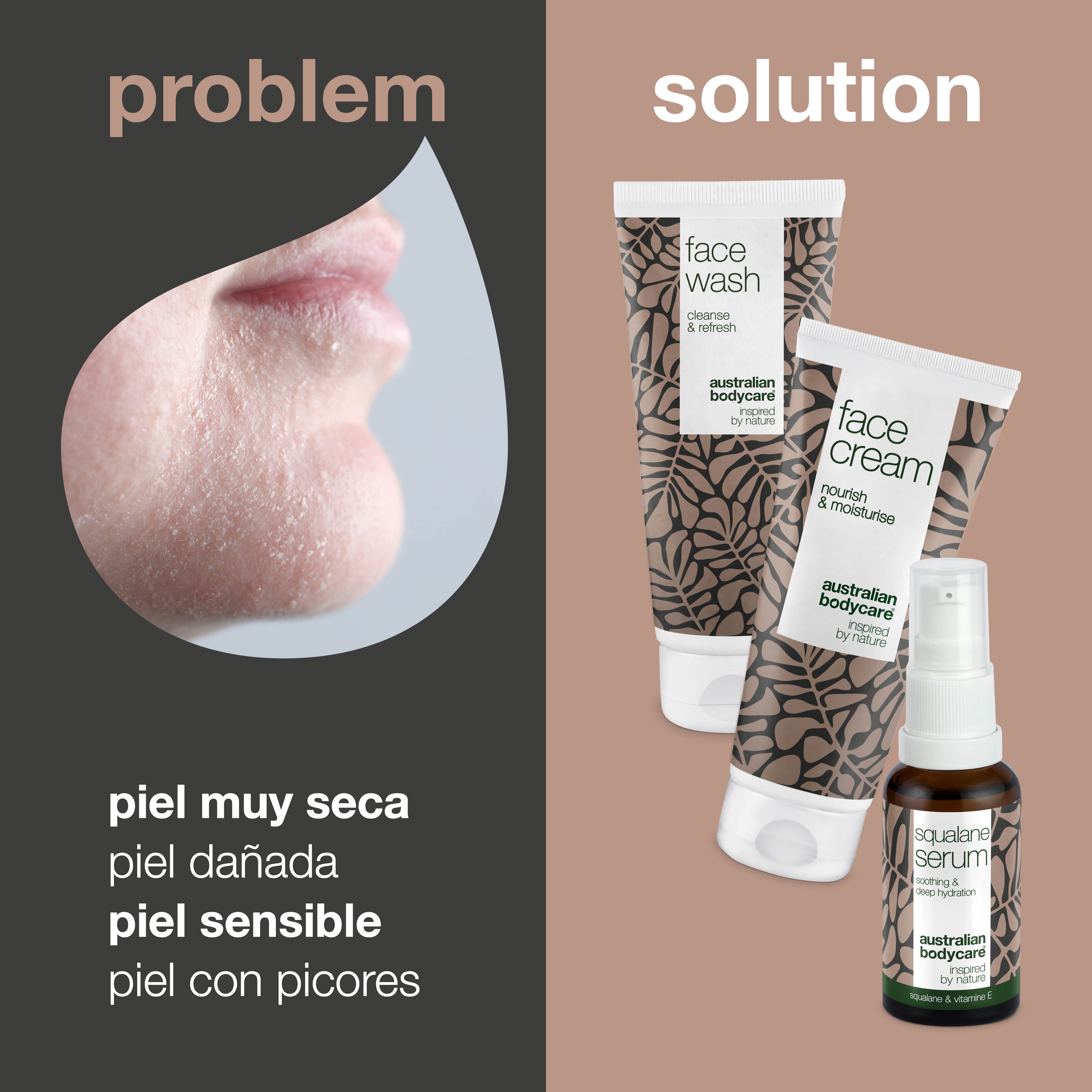 Set para pieles del rostro con picazón y muy secas — 3 productos hidratantes: limpiador facial, suero de escualano y crema