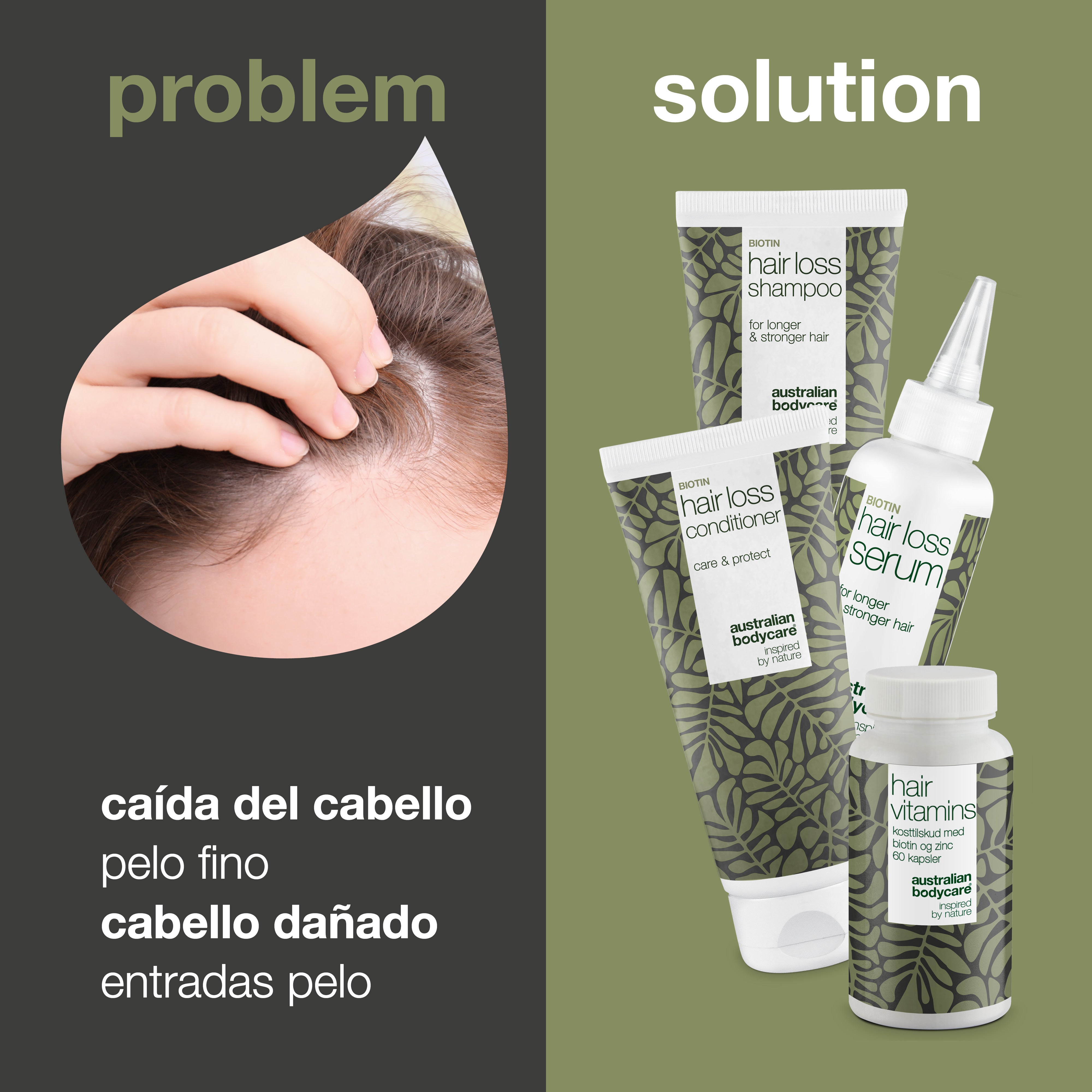4 productos para la caída y el adelgazamiento del cabello — Productos anticaída con Biotina, Aceite de Árbol de Té y Capilia Longa