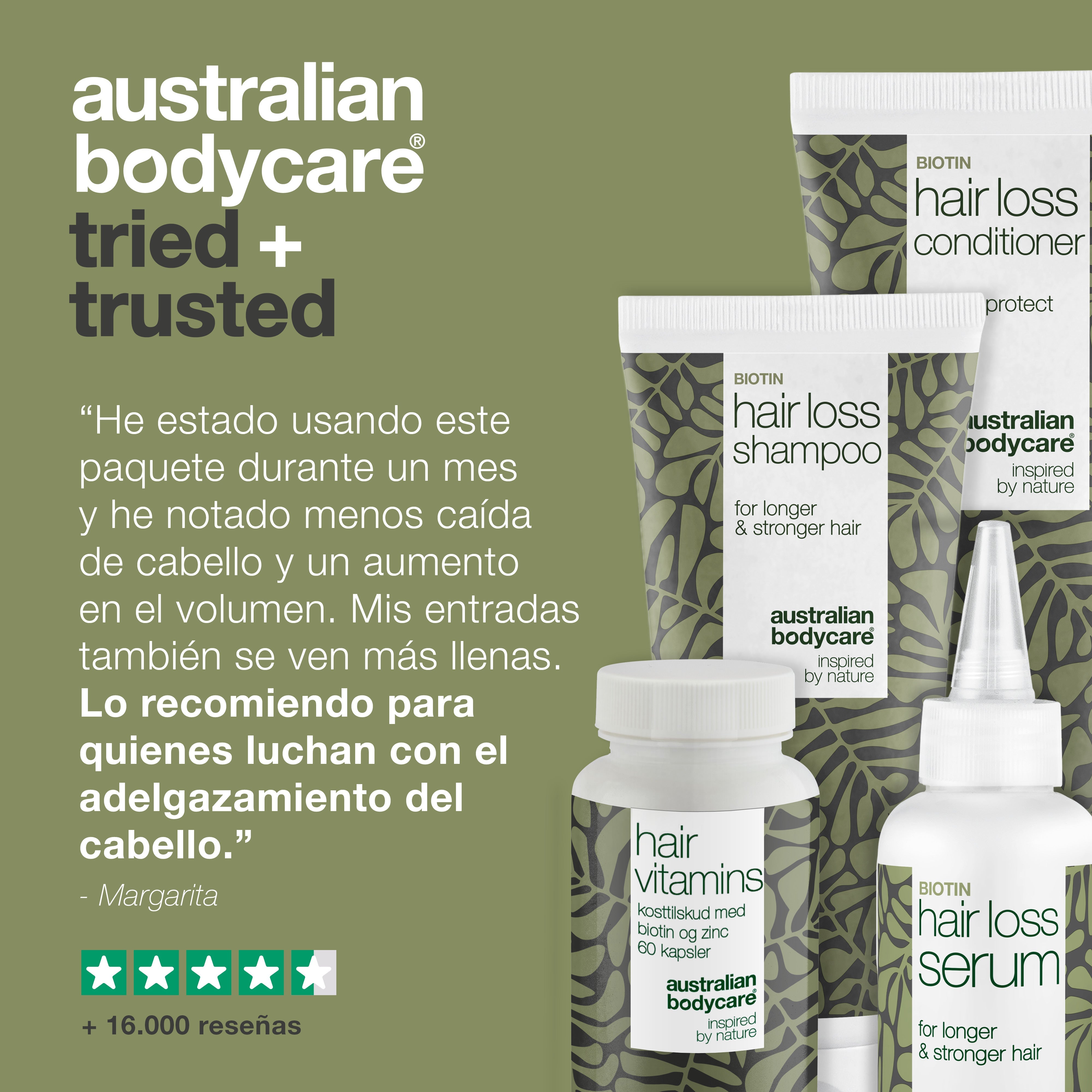 4 productos para la caída y el adelgazamiento del cabello — Productos anticaída con Biotina, Aceite de Árbol de Té y Capilia Longa