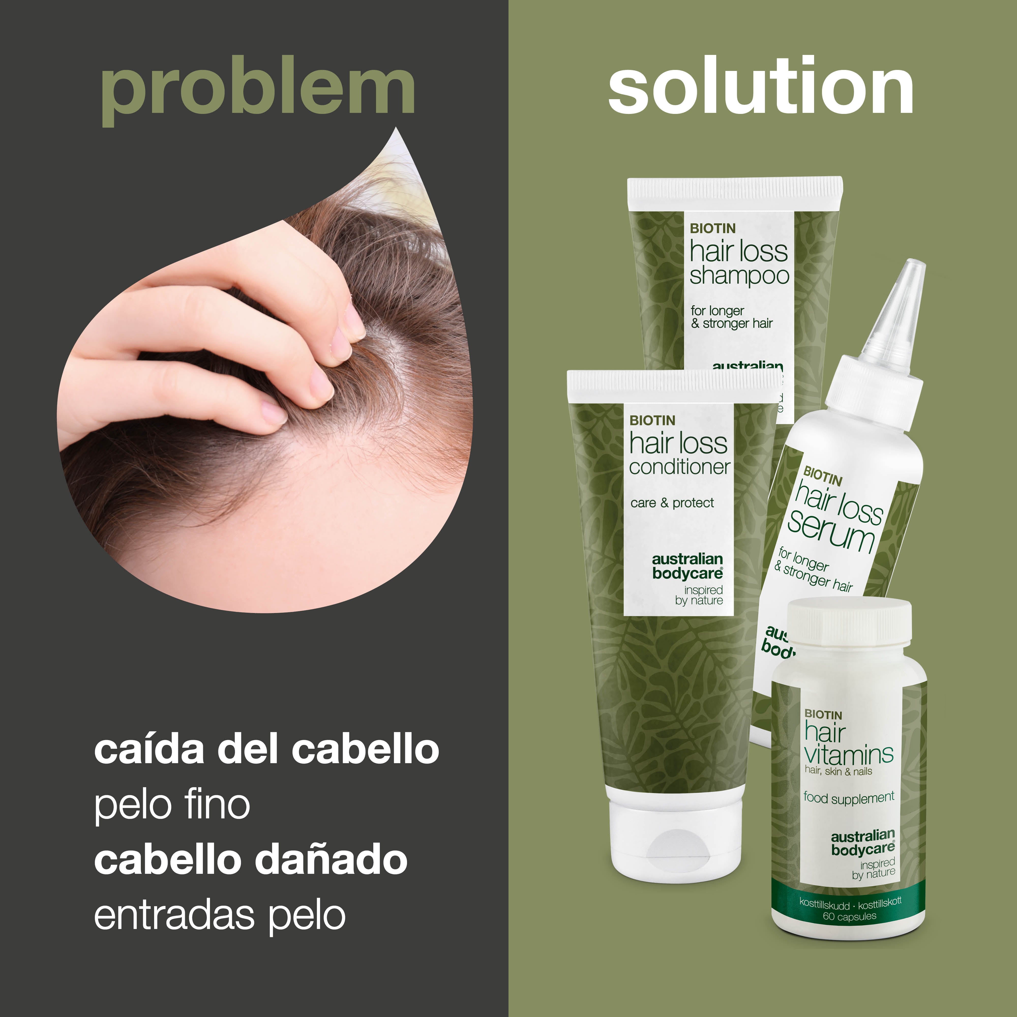 4 productos para la caída y el adelgazamiento del pelo — Productos para la caída del pelo con biotina, aceite de árbol de té y Capilia Longa
