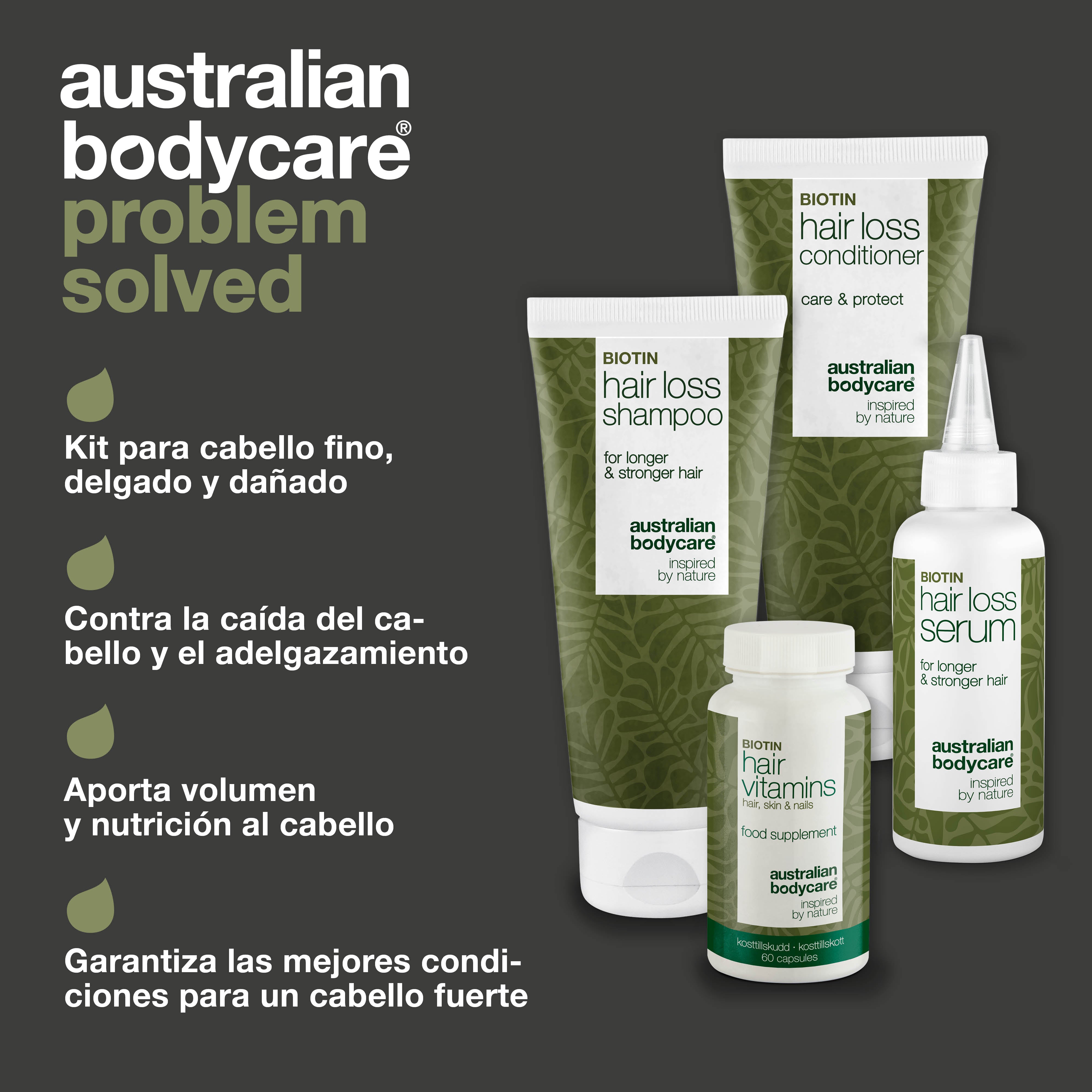 4 productos para la caída y el adelgazamiento del pelo — Productos para la caída del pelo con biotina, aceite de árbol de té y Capilia Longa