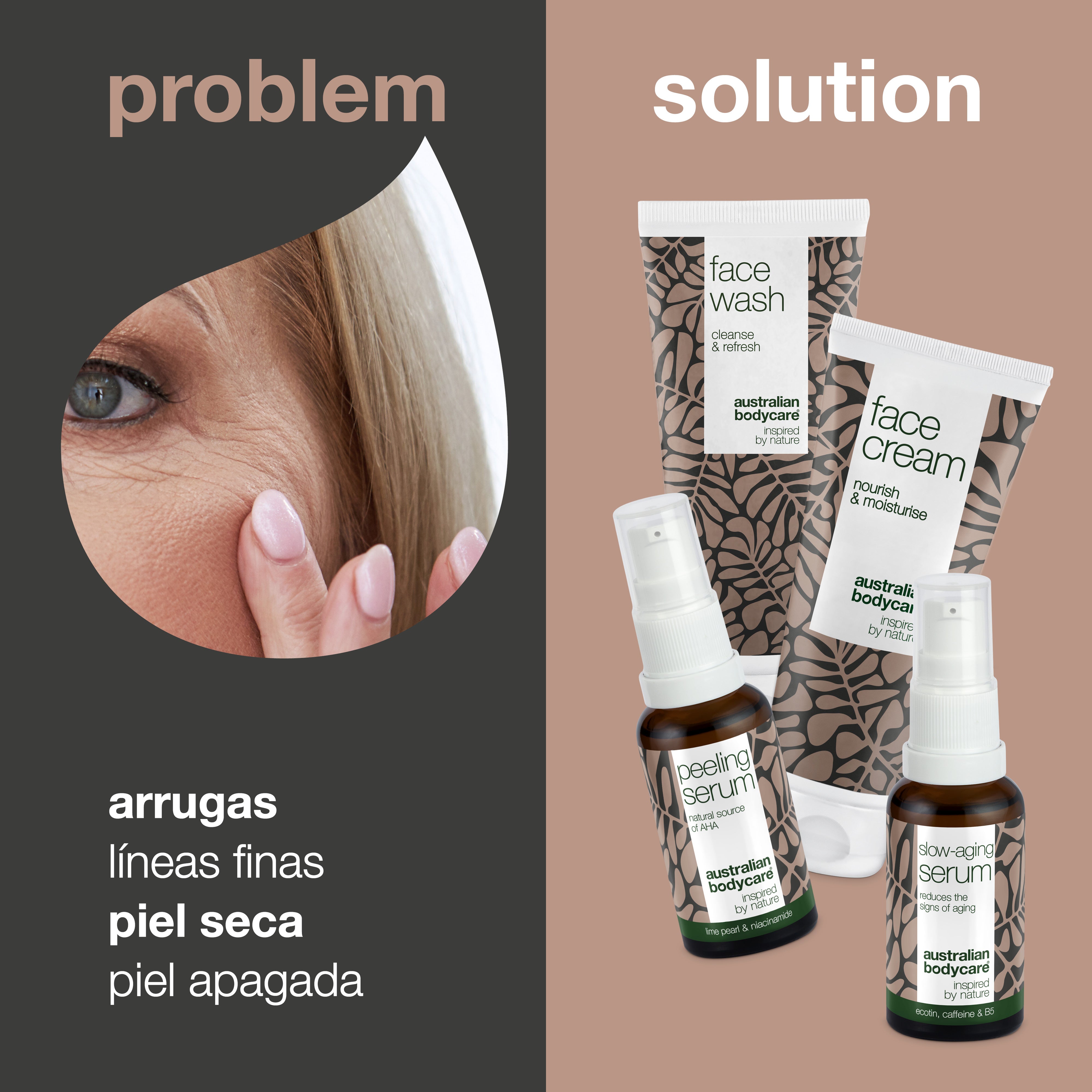 Paquete de 4 productos con productos anti envejecimiento para pieles maduras (50+) — Sérum antiedad, Sérum peeling, limpiador y crema facial antiarrugas
