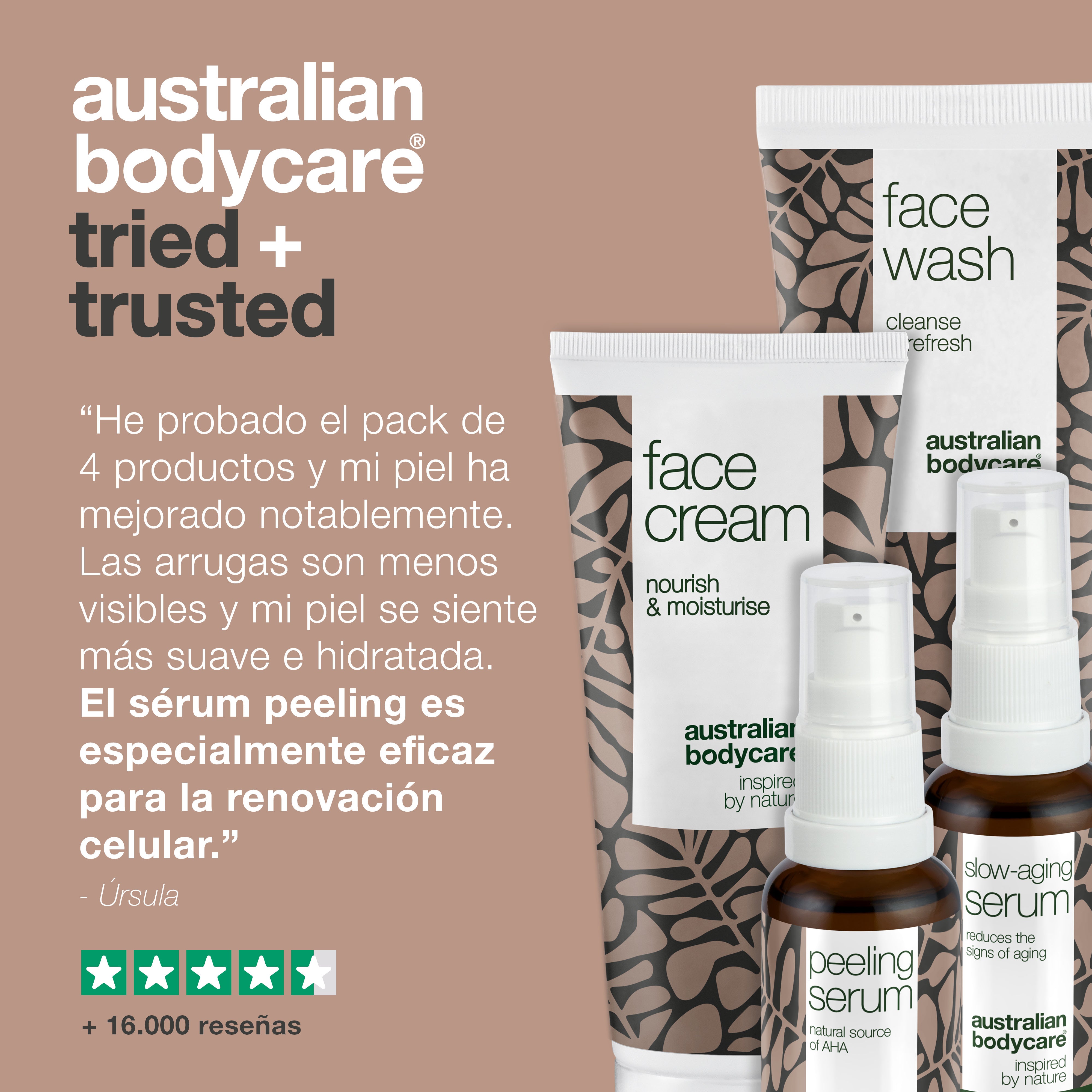Paquete de 4 productos con productos anti envejecimiento para pieles maduras (50+) — Sérum antiedad, Sérum peeling, limpiador y crema facial antiarrugas