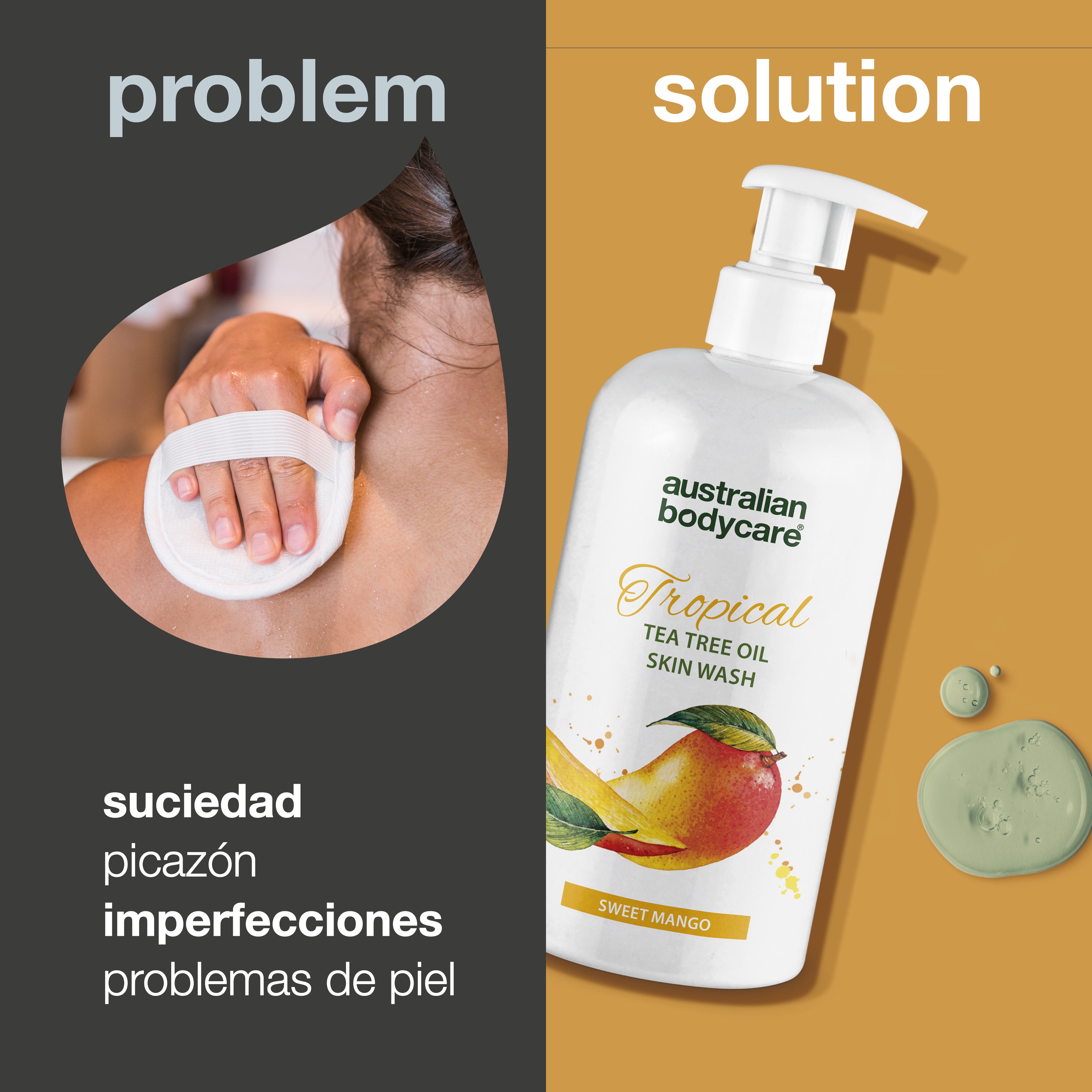 Tropical Skin Wash con mango — Gel de baño profesional con aceite de árbol de té y mango para una piel limpia y saludable