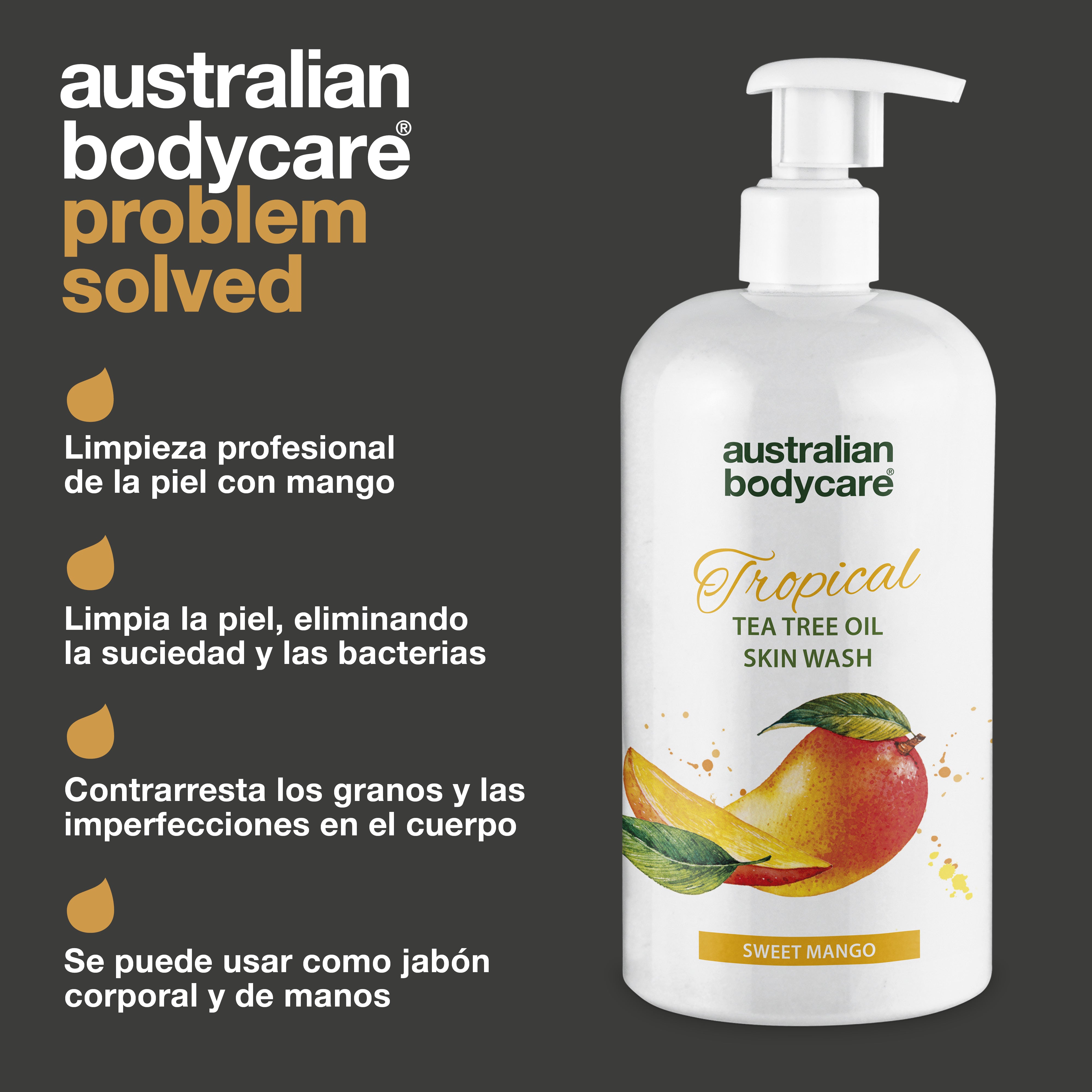 Tropical Skin Wash con mango — Gel de baño profesional con aceite de árbol de té y mango para una piel limpia y saludable