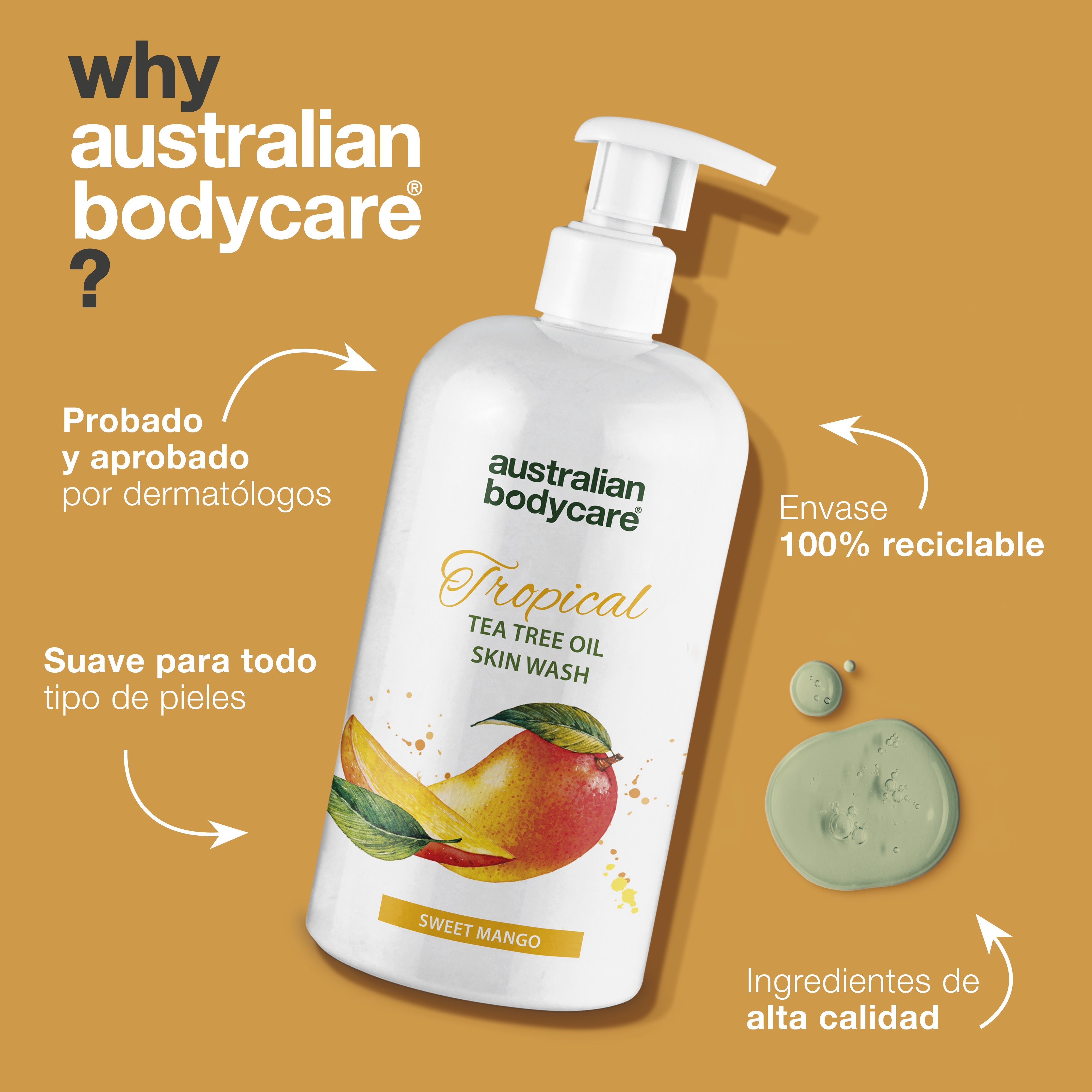 Tropical Skin Wash con mango — Gel de baño profesional con aceite de árbol de té y mango para una piel limpia y saludable