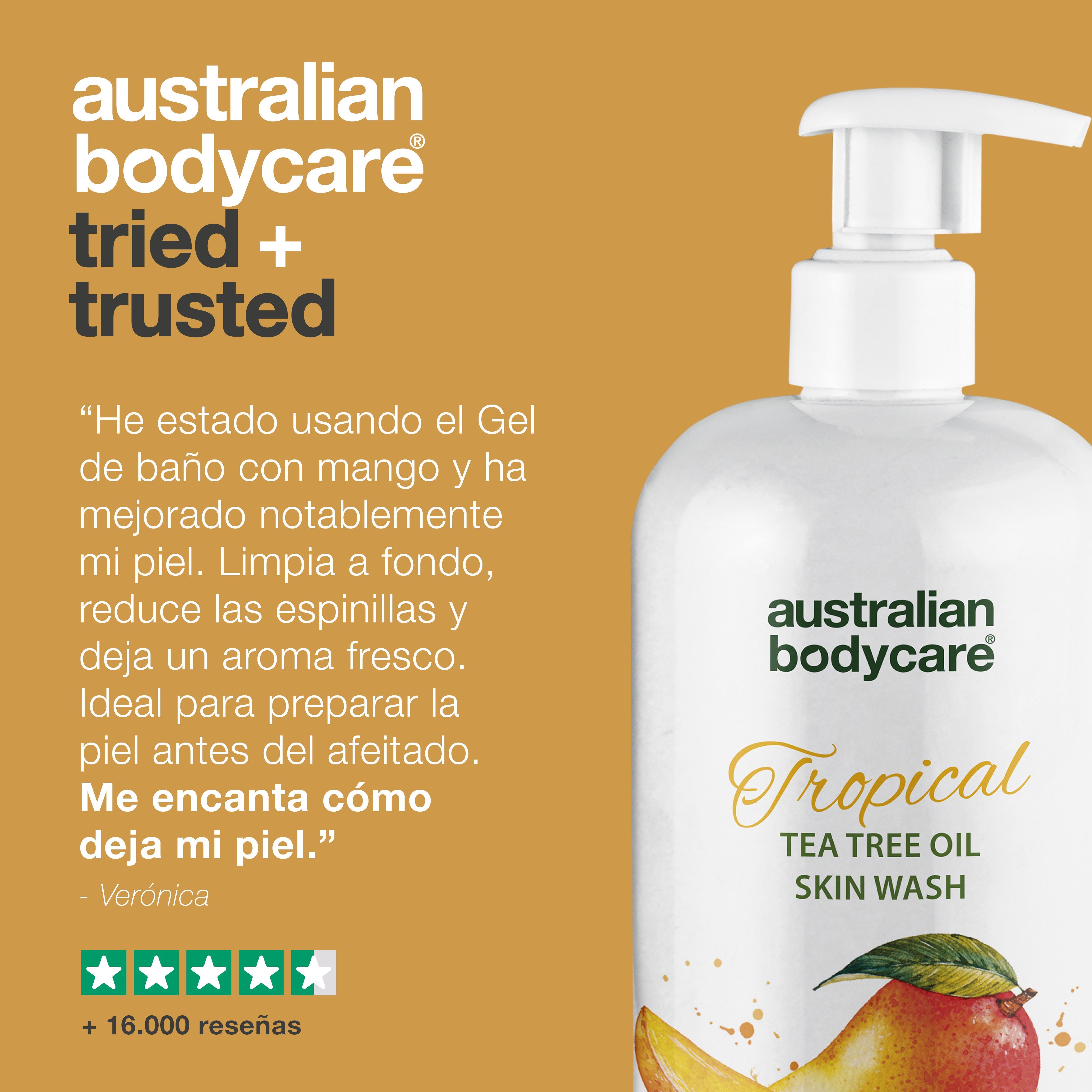 Tropical Skin Wash con mango — Gel de baño profesional con aceite de árbol de té y mango para una piel limpia y saludable
