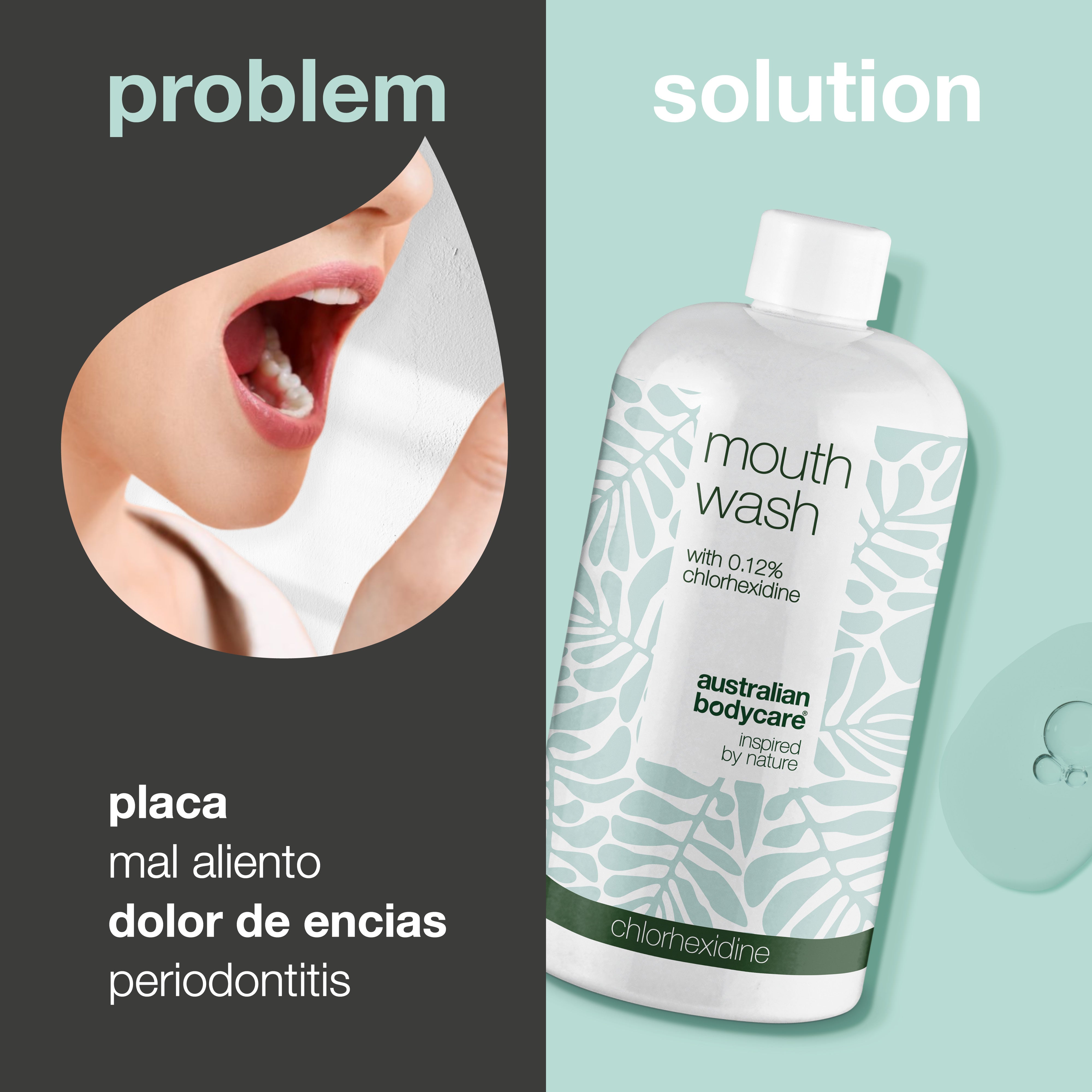 Enjuague bucal con clorhexidina al 0,12% con aceite de árbol de té: enjuague bucal para el cuidado diario del dolor de encías, la enfermedad periodontal y el mal aliento