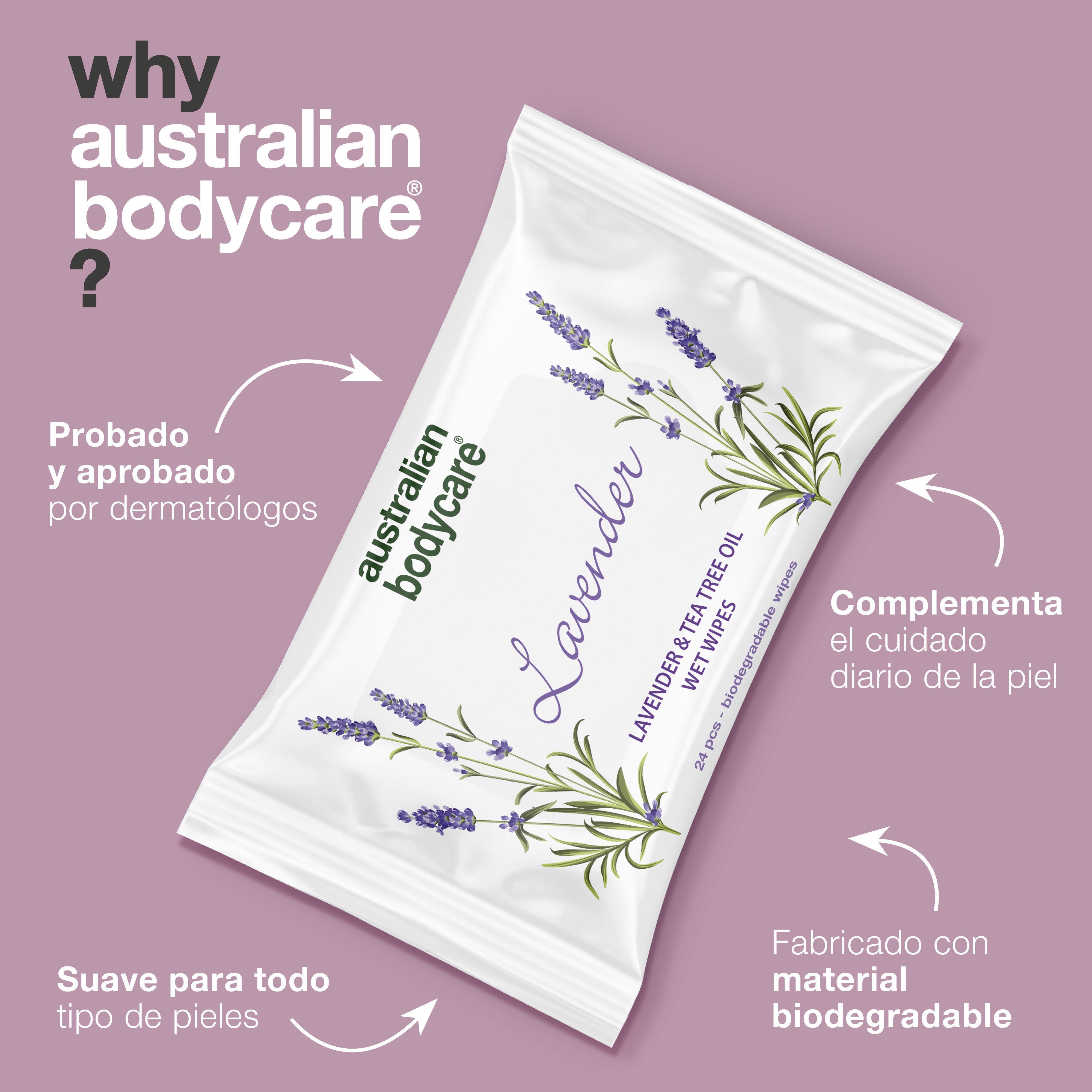 Toallitas húmedas con aceite de lavanda y árbol de té: toallitas biodegradables para limpiar e hidratar el rostro y el cuerpo