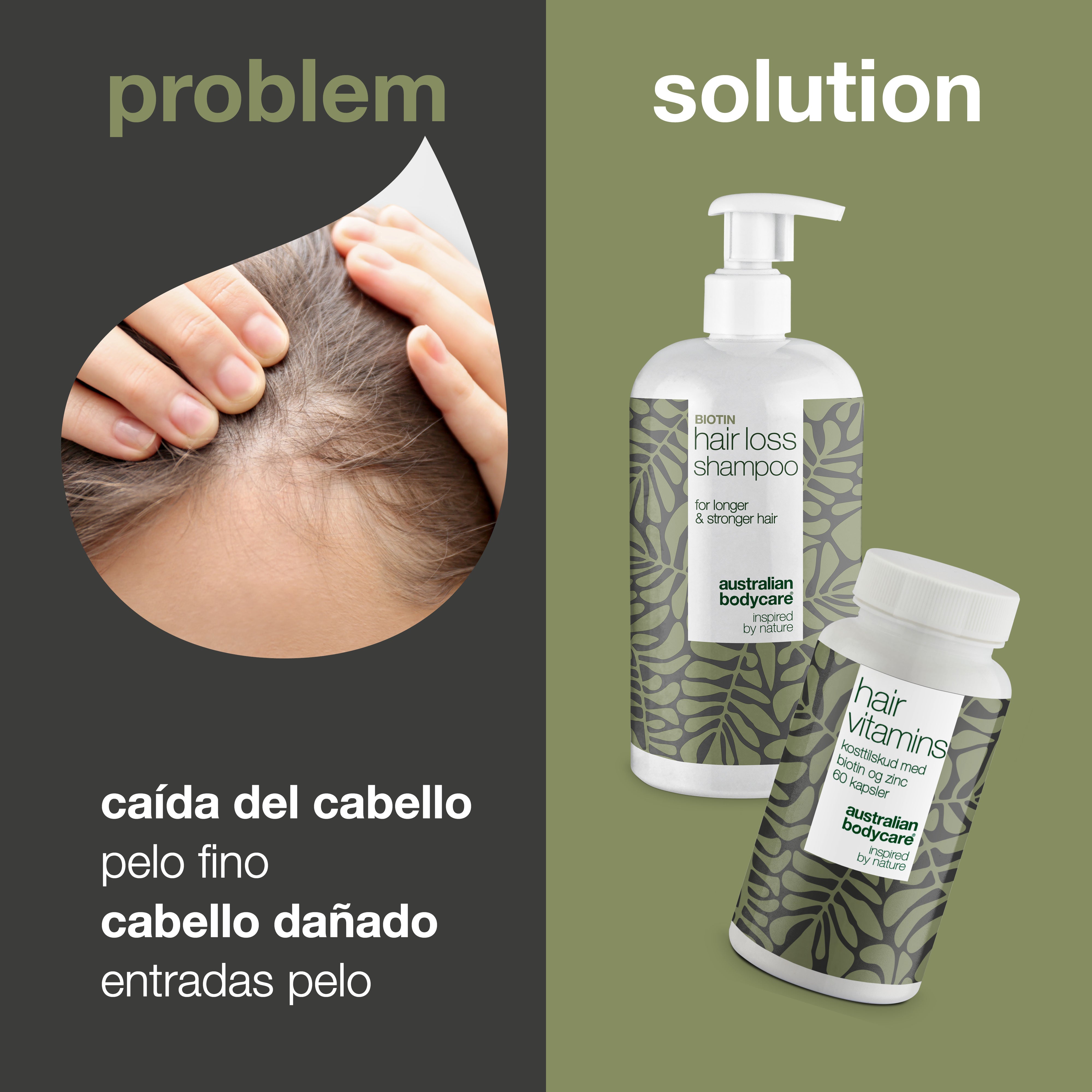 Champú anticaída y vitaminas para el crecimiento del cabello — Productos para fortalecer el cabello fino y dañado