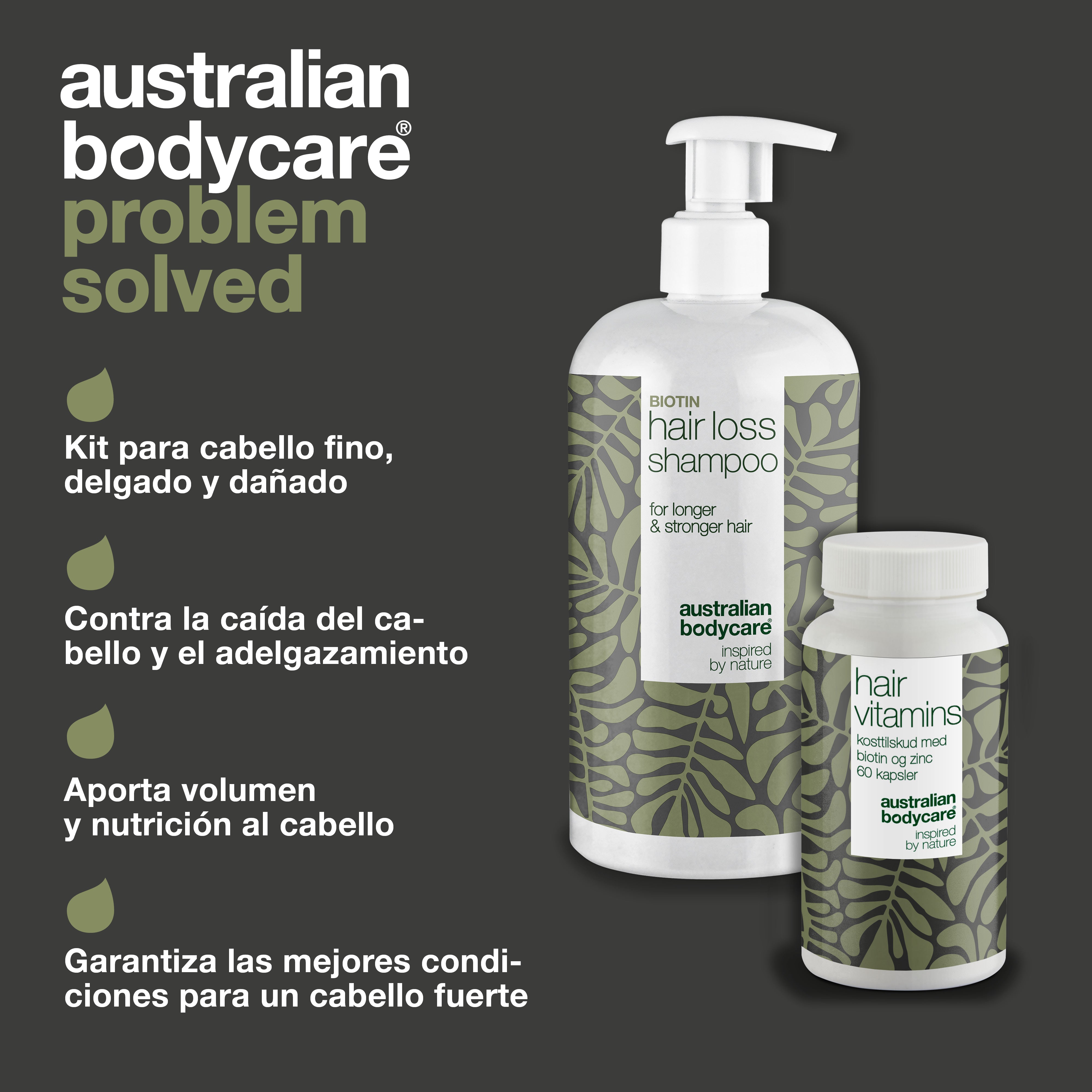 Champú anticaída y vitaminas para el crecimiento del cabello — Productos para fortalecer el cabello fino y dañado