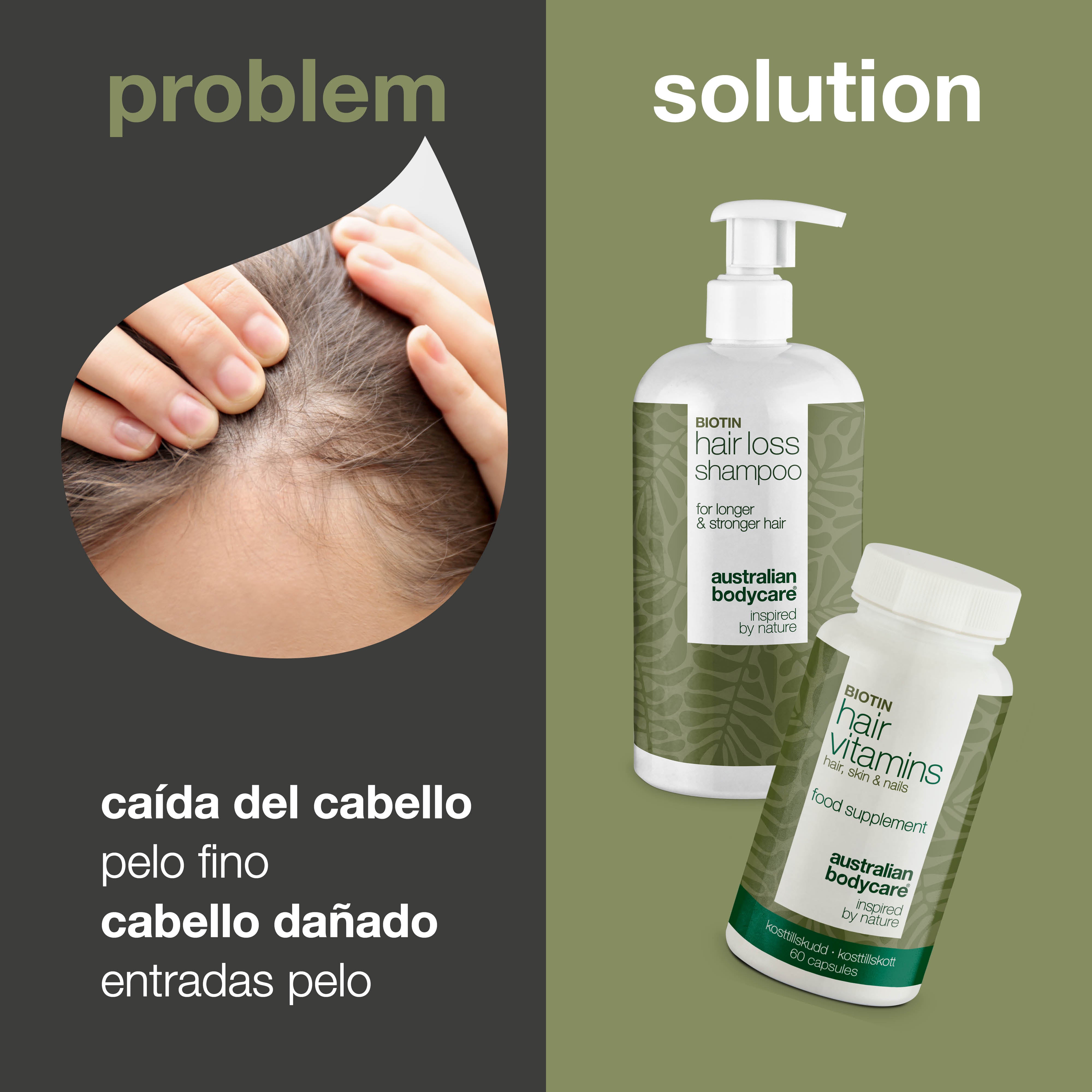 Champús y vitaminas capilares para la caída del pelo — Productos para el cuidado del pelo fino y fino