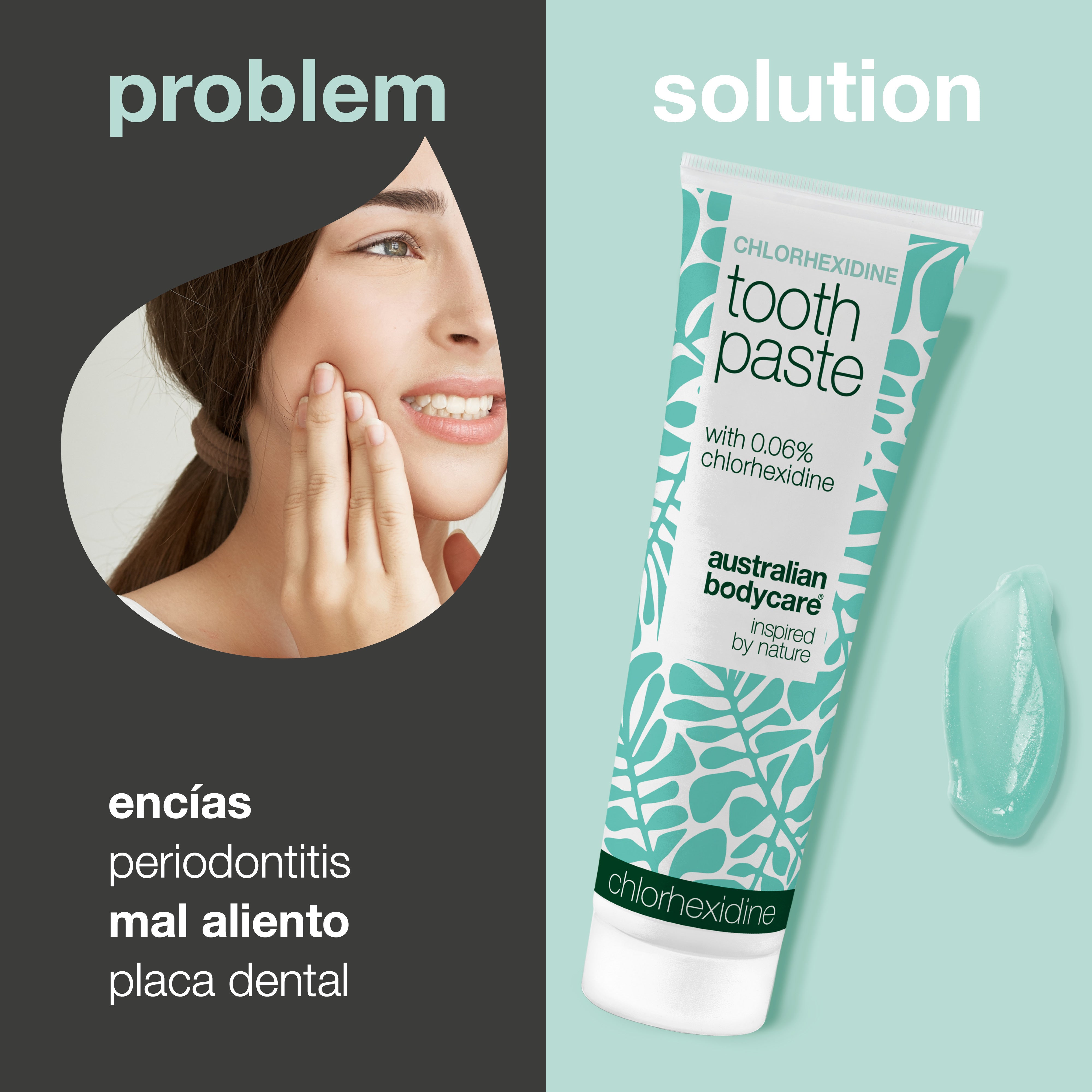Problema y solución uno al lado del otro: a la izquierda una mujer que se sujeta la mejilla, con los textos periodontitis, encías sensibles, mal aliento y placa. A la derecha el tubo de dentífrico y una gota de gel.