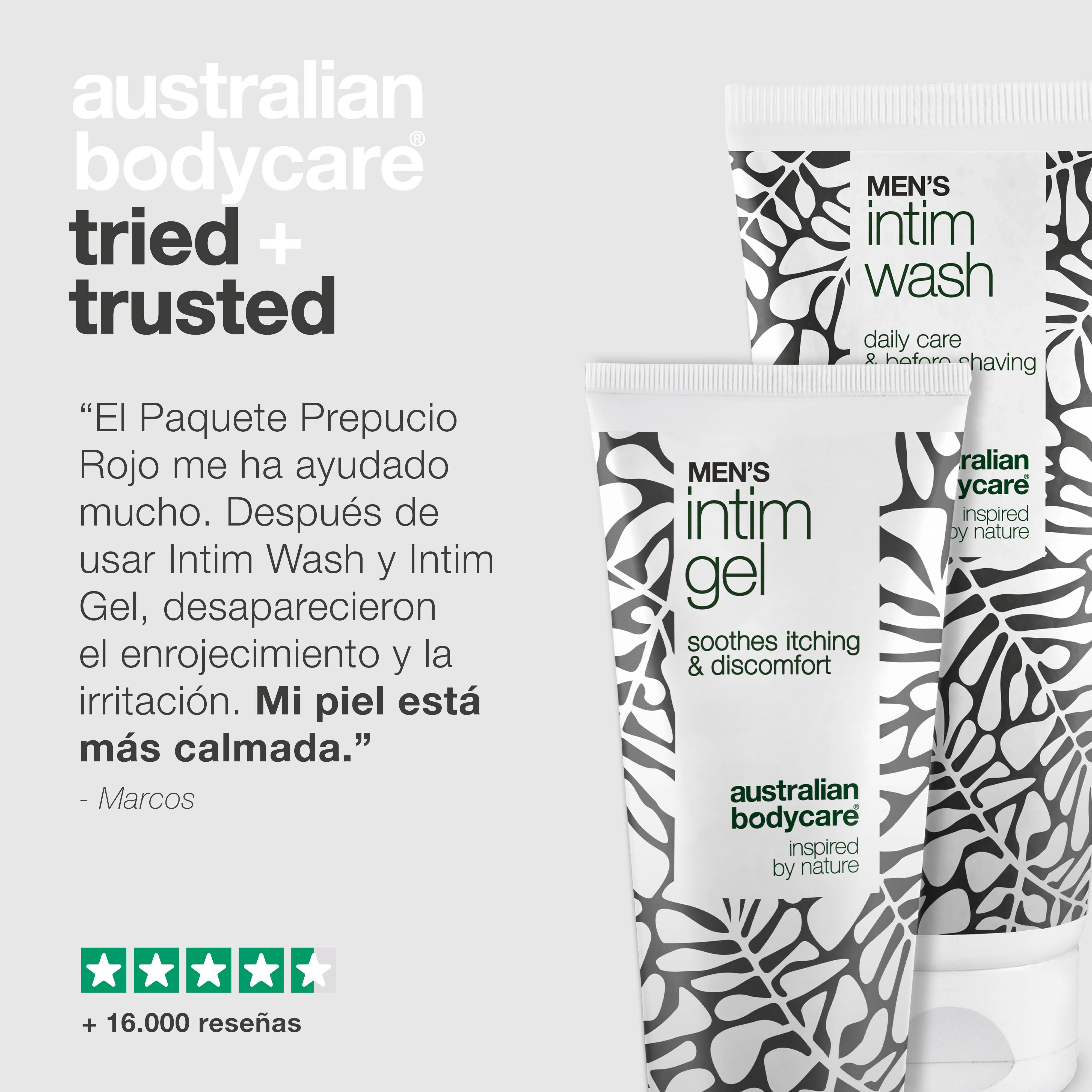 Cuidado para prepucio rojo - Gel y lavado íntimo suave — Alivia el prepucio rojo e irritado con Men's Intimate Wash y Intim Gel. Cuidado suave para la higiene íntima.