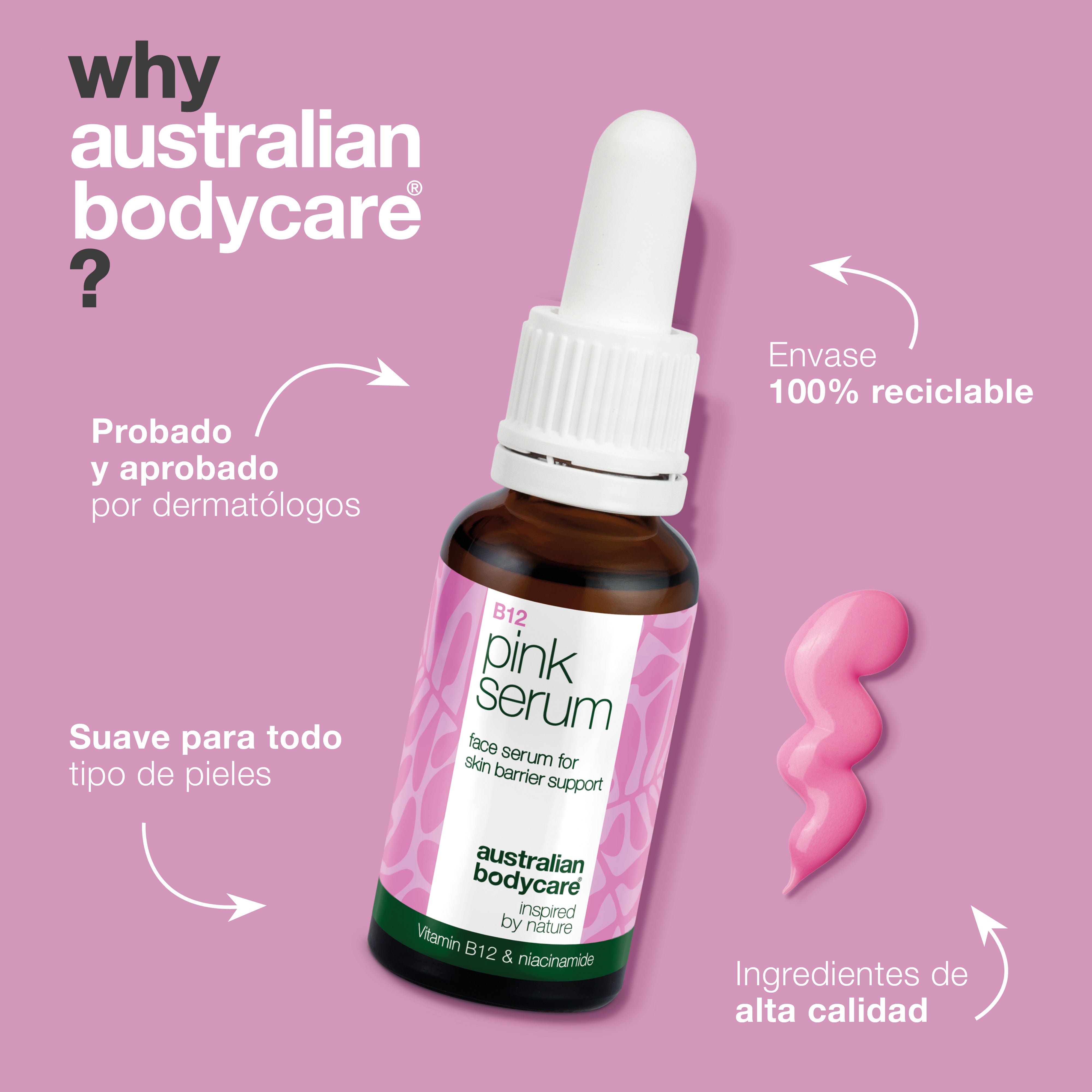 Suero rosa con vitamina B12: reduce el enrojecimiento y aumenta el brillo: el suero rosa B12 fortalece la barrera cutánea, reduce el enrojecimiento y los signos de envejecimiento. Deja la piel suave y radiante.