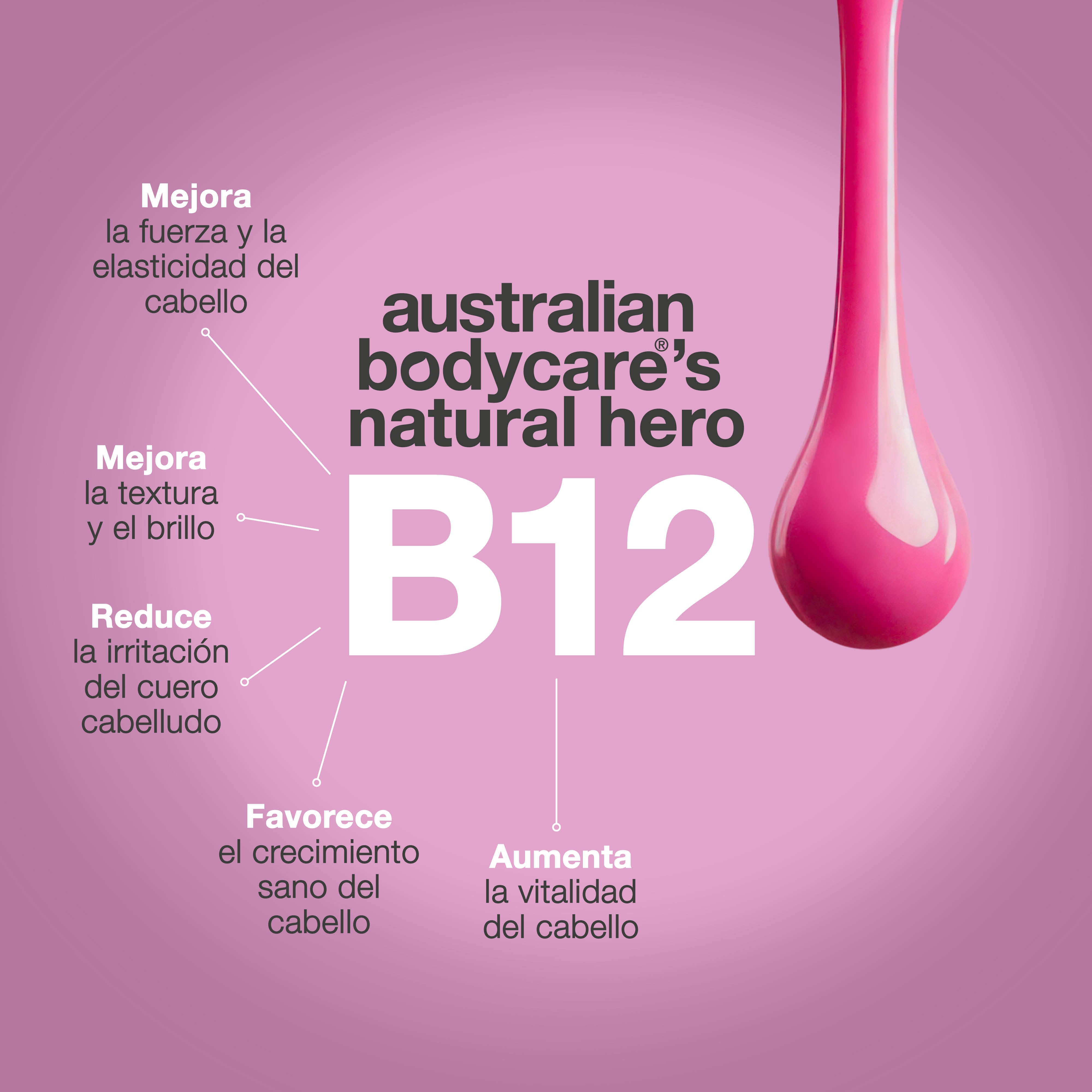 La vitamina B12 de Australian Bodycare mejora la fuerza y la elasticidad del cabello, favorece un crecimiento sano y aporta brillo