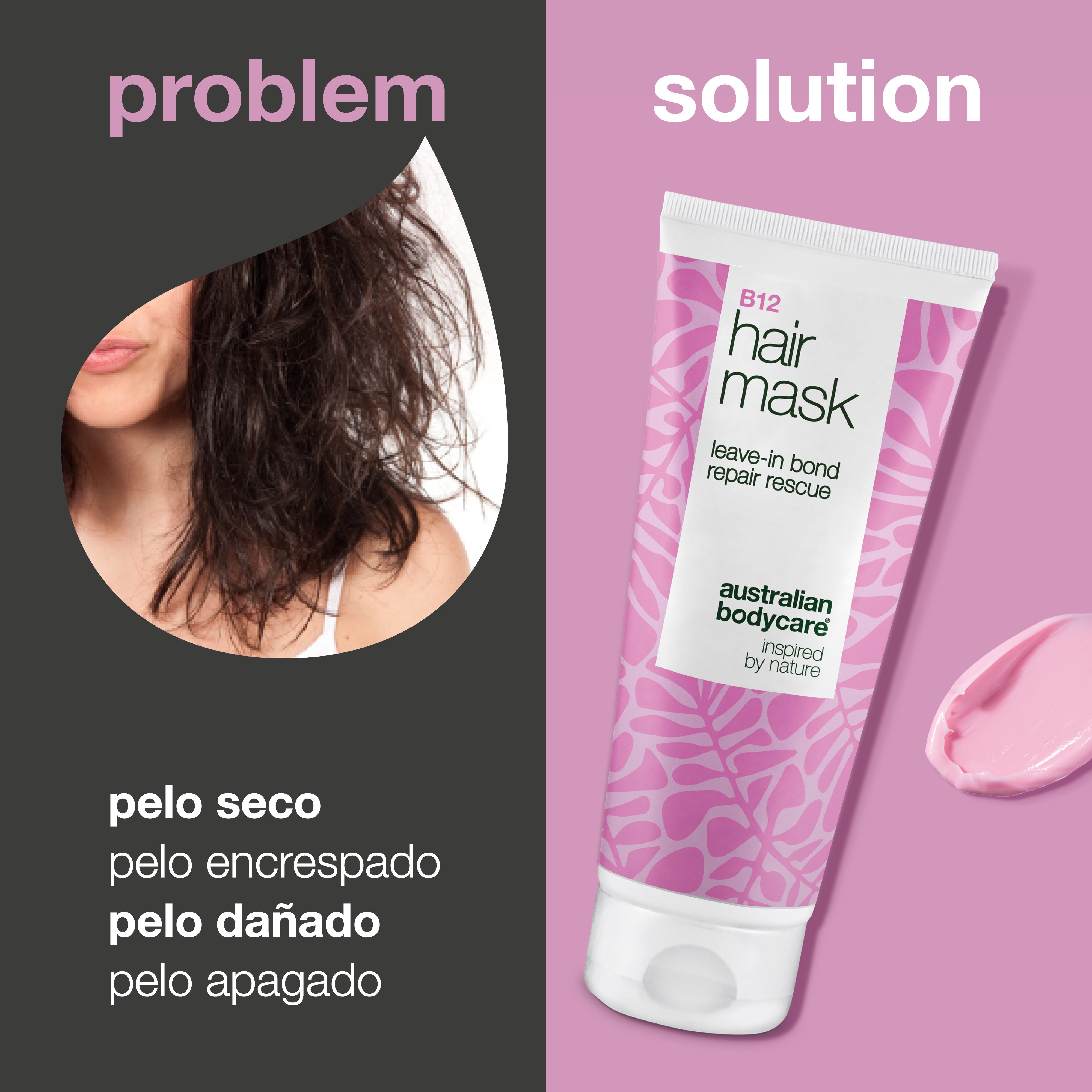 Problema y solución: cabello seco, dañado, encrespado y apagado frente a Mascarilla Capilar B12 de Australian Bodycare
