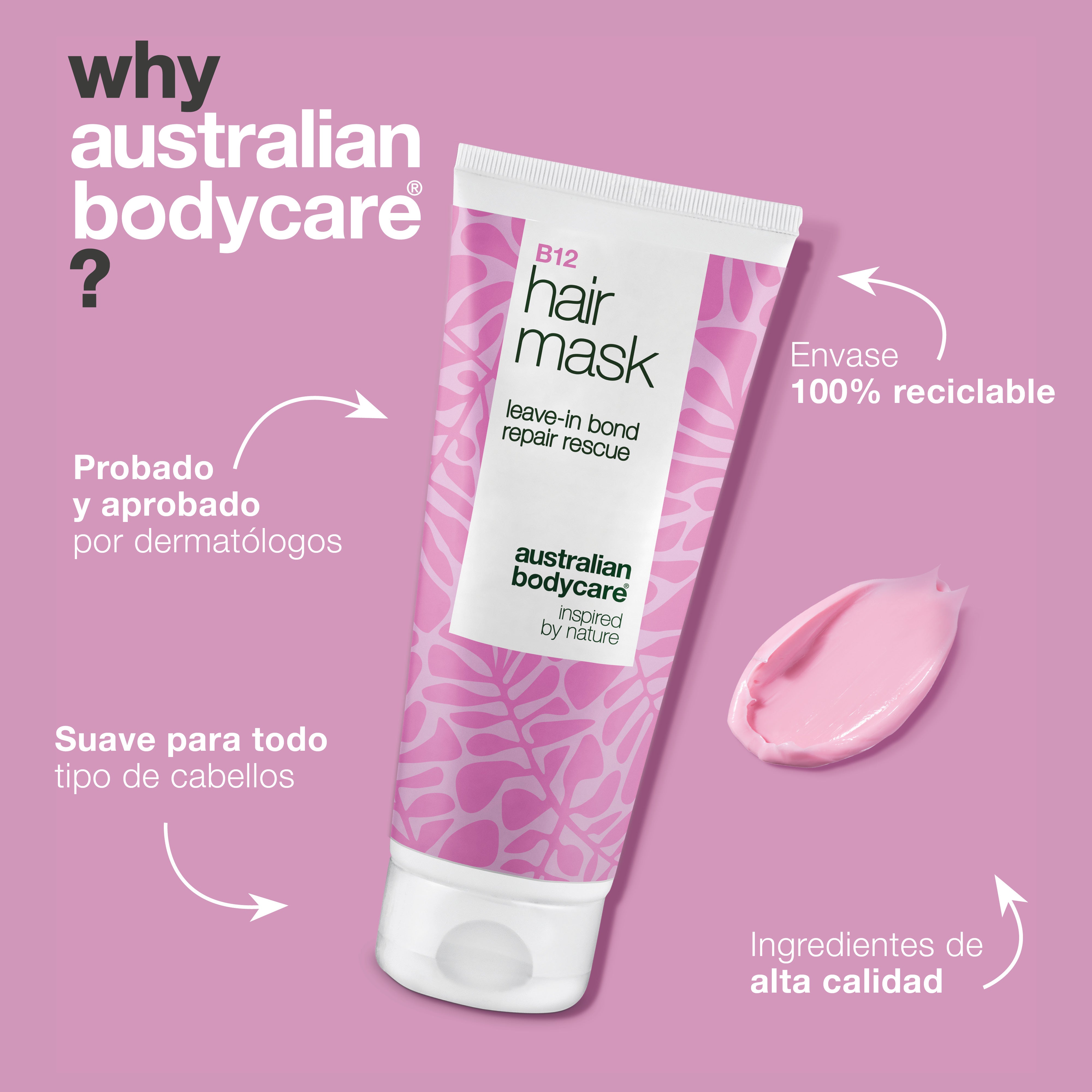 Mascarilla Capilar B12 está testado dermatológicamente, es suave con todos los tipos de cabello y su envase es 100 % reciclable