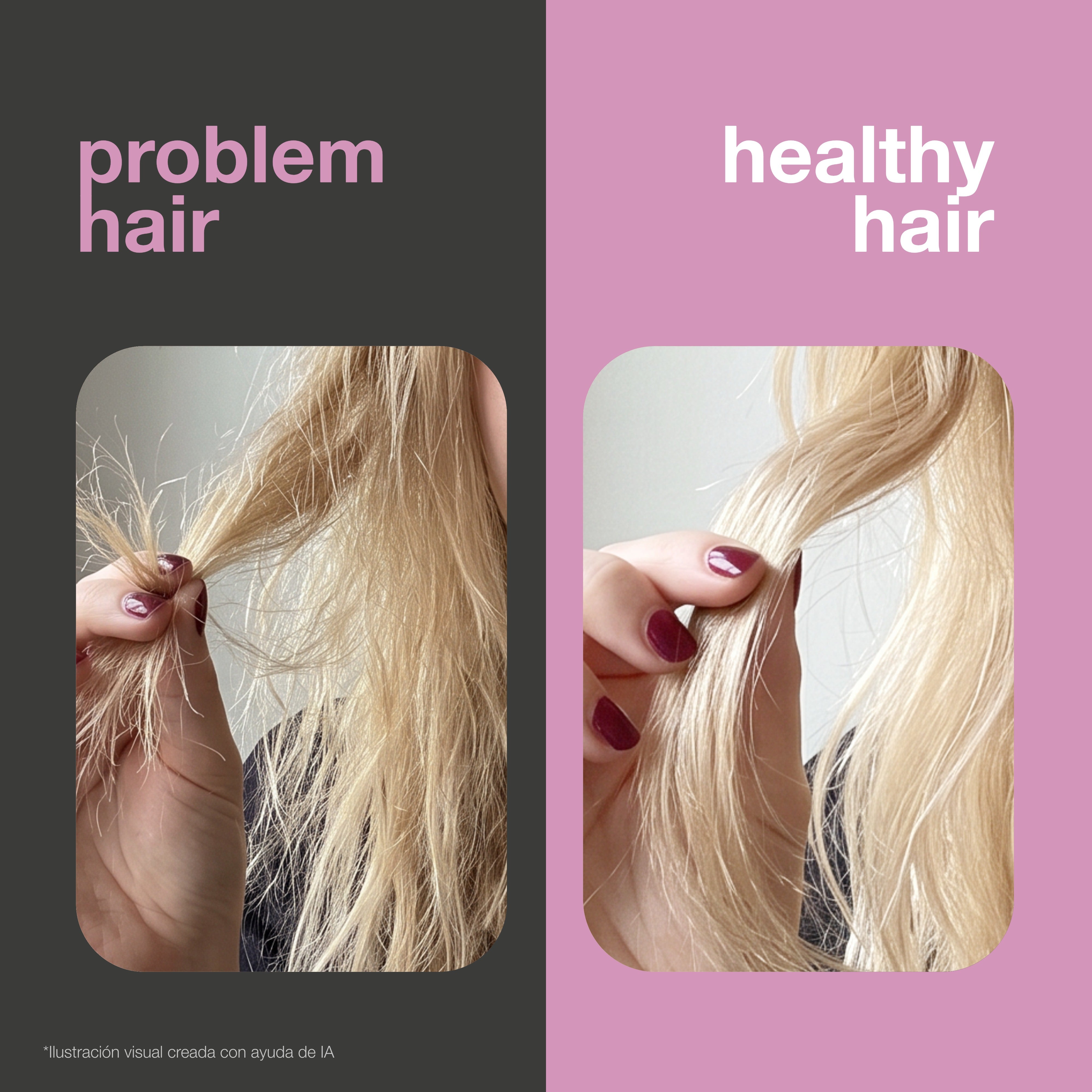 Antes y después: cabello seco, dañado y con puntas abiertas frente a un cabello suave y brillante. Ilustración visual.