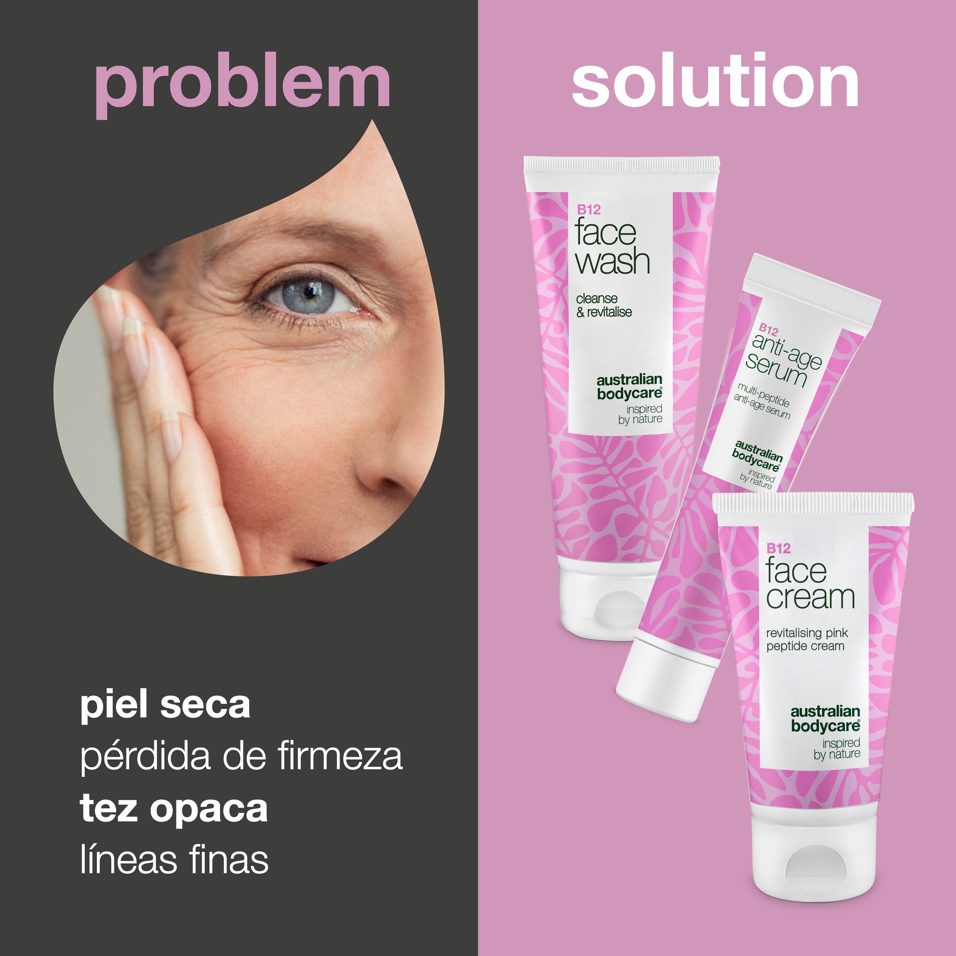 Jabón facial, suero y crema con B12 para pieles maduras: cuidado eficaz para pieles maduras. Jabón, suero y crema B12 para una piel firme y radiante.