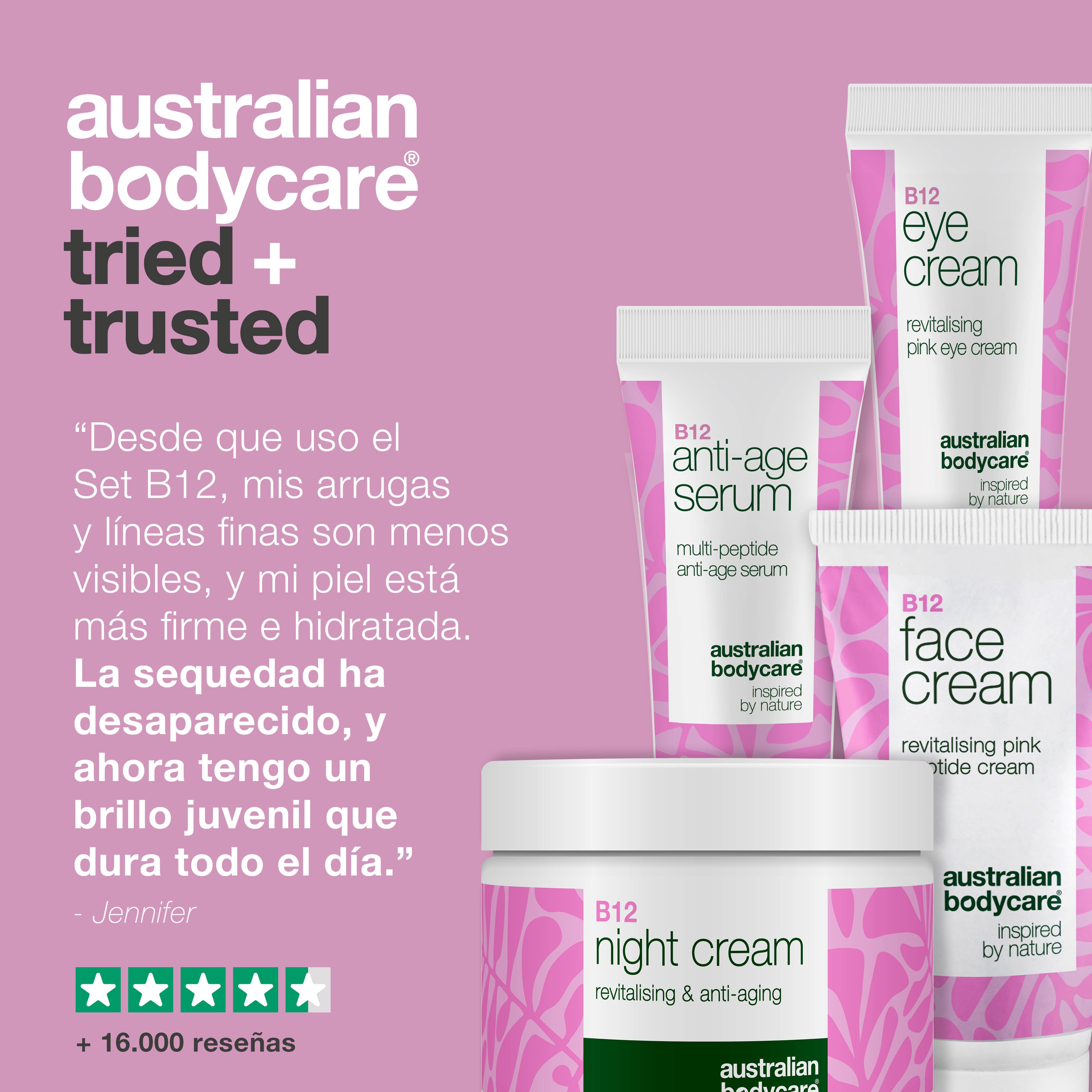 ¿Arrugas bajo los ojos? Set B12 eficaz — Cuidado efectivo con B12, ácido hialurónico y péptidos para piel joven.
