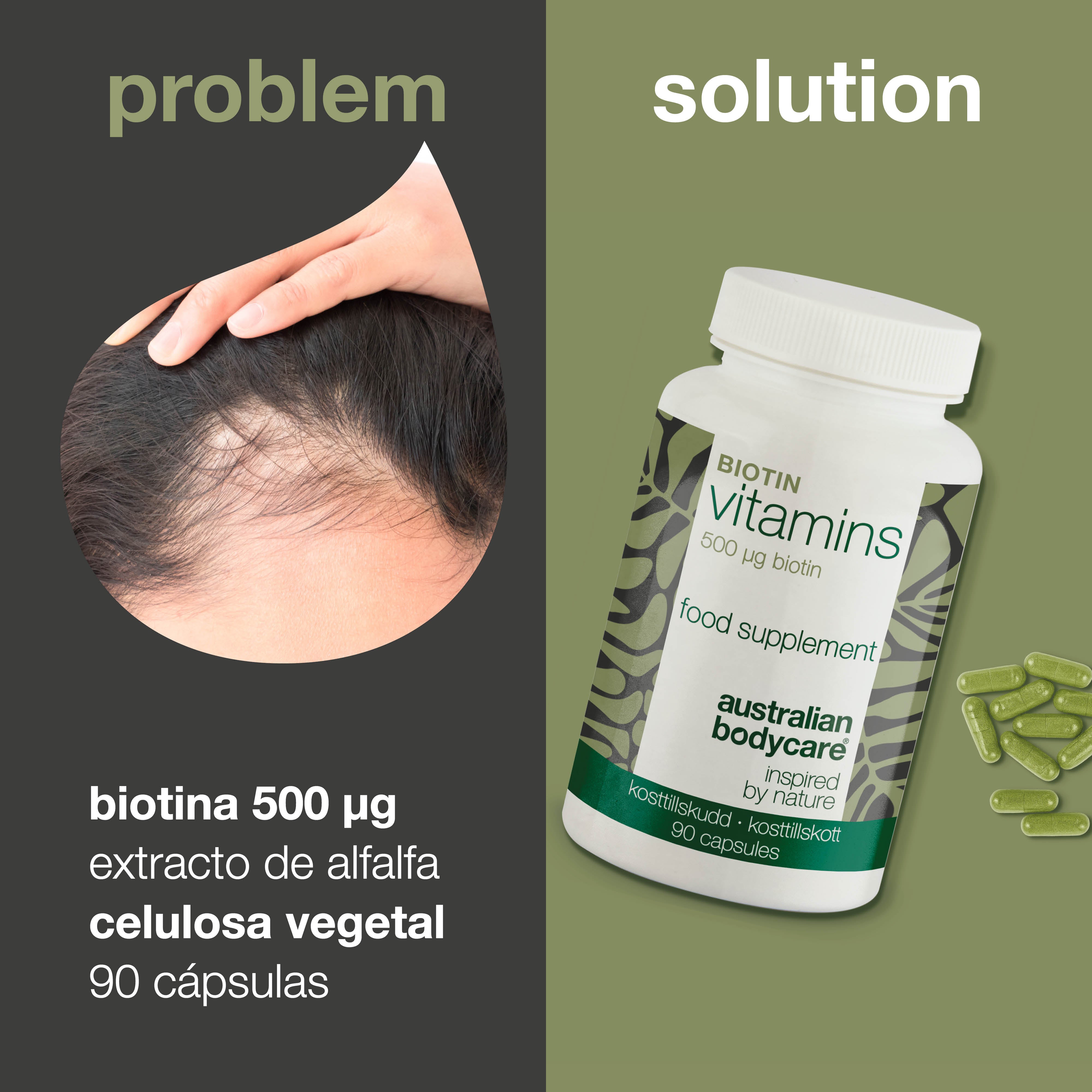 Suplemento de Biotina 500 µg – Vitamina B7 – 90 uds. — Suplemento con biotina 500 µg – apoya cabello, piel y mucosas. Ingredientes clave: biotina, Medicago sativa y celulosa vegetal.