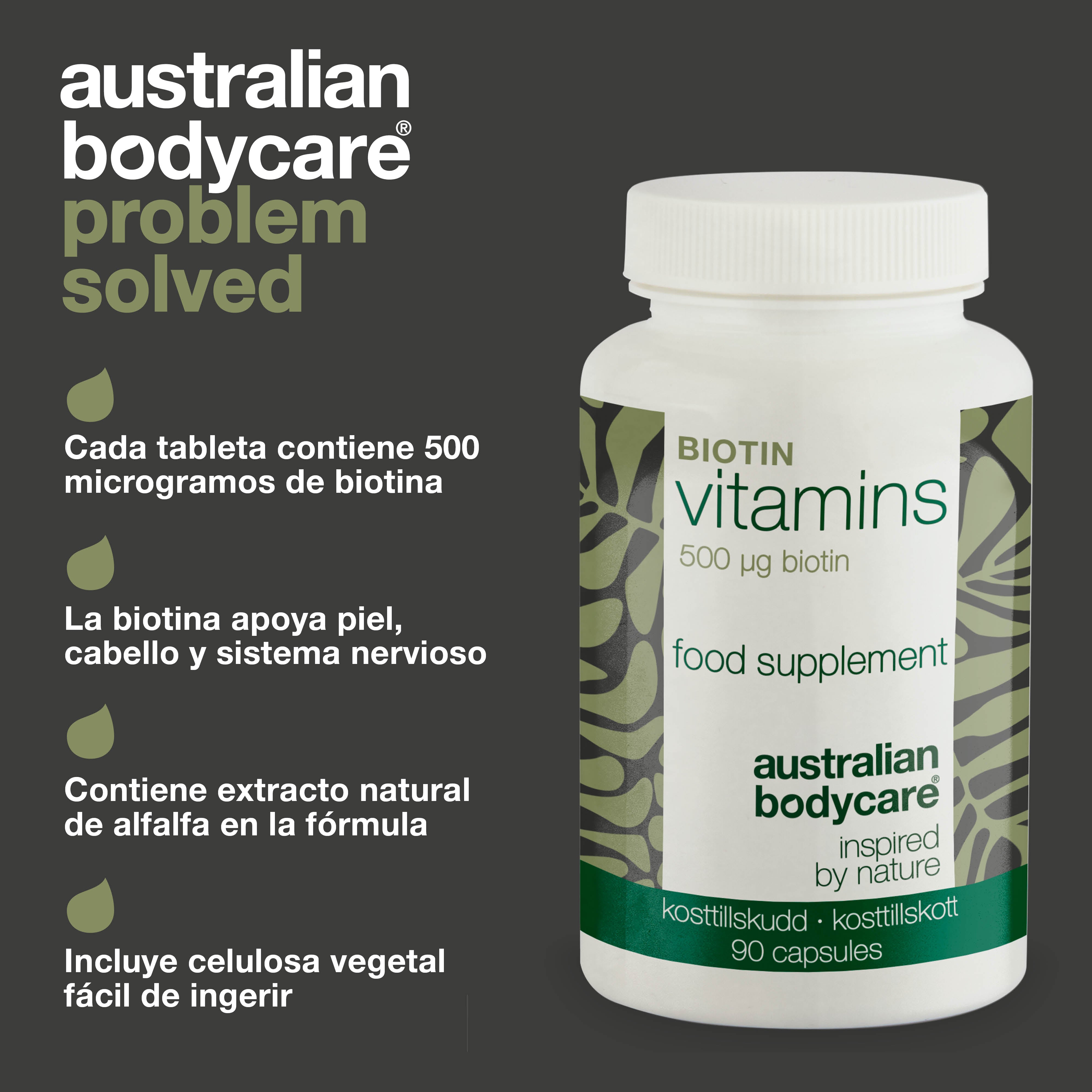 Suplemento de Biotina 500 µg – Vitamina B7 – 90 uds. — Suplemento con biotina 500 µg – apoya cabello, piel y mucosas. Ingredientes clave: biotina, Medicago sativa y celulosa vegetal.