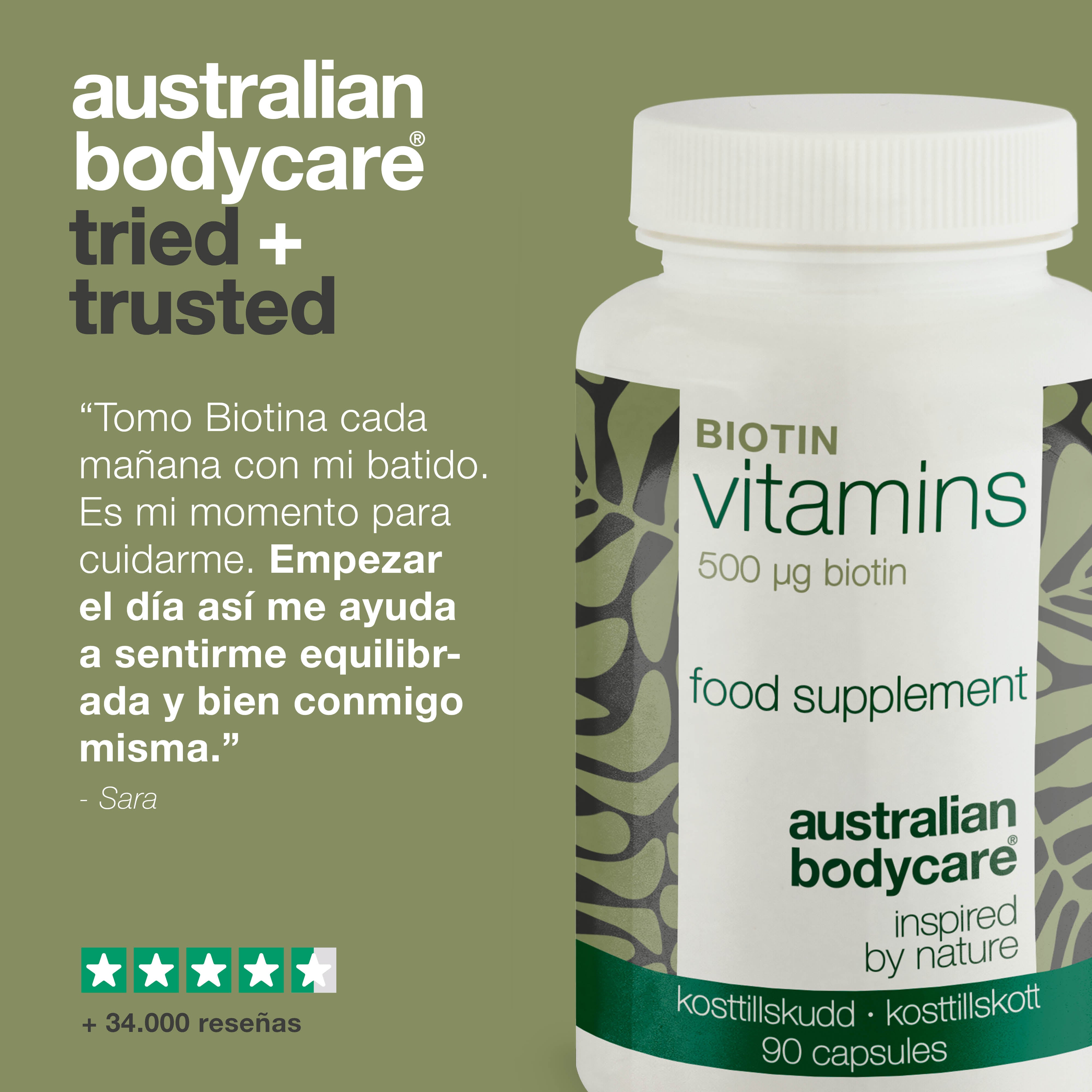 Suplemento de Biotina 500 µg – Vitamina B7 – 90 uds. — Suplemento con biotina 500 µg – apoya cabello, piel y mucosas. Ingredientes clave: biotina, Medicago sativa y celulosa vegetal.