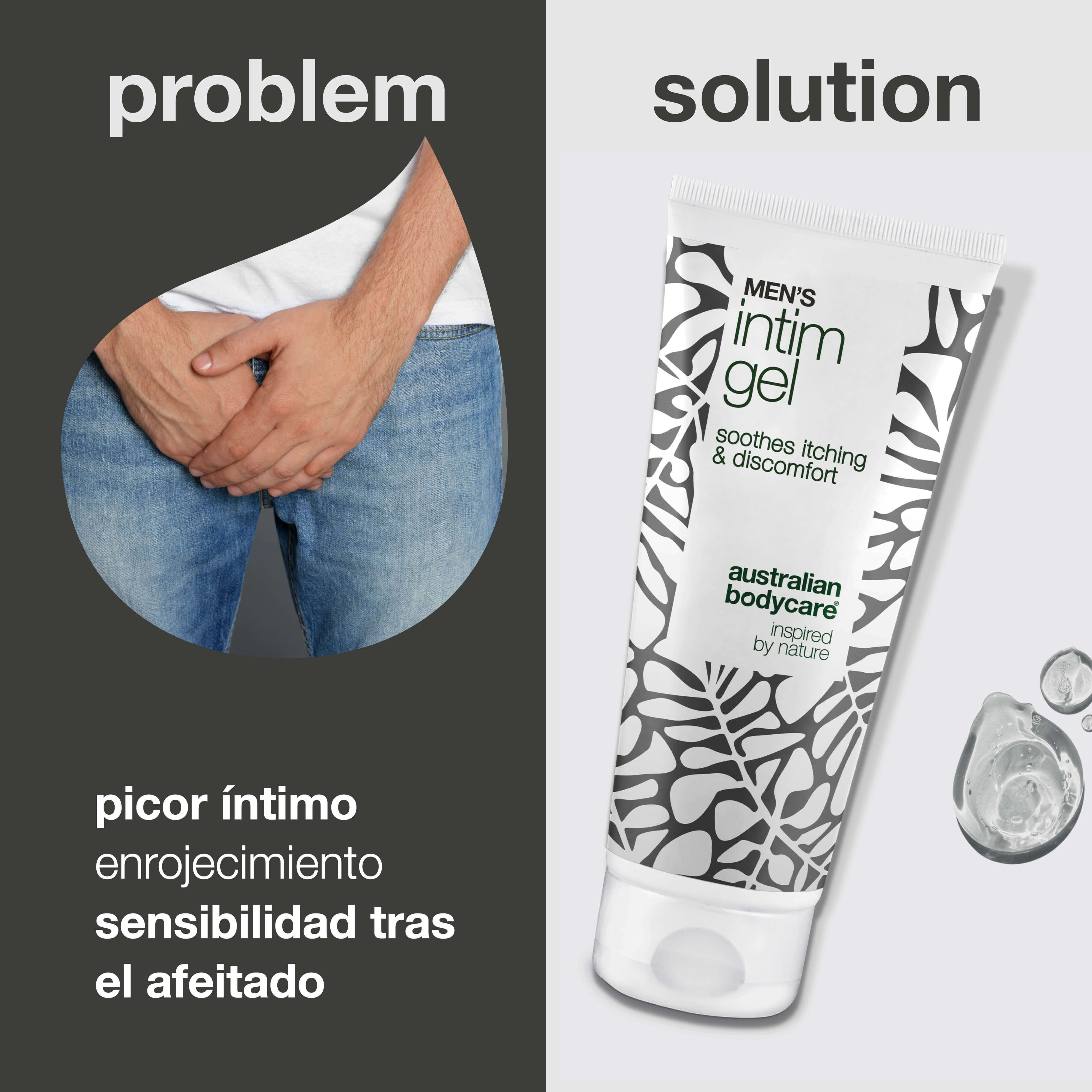 Gel íntimo para hombre – Alivia picor e irritación — Dile adiós al picor con Gel íntimo para hombre. Mantiene la piel fresca y equilibrada con una fórmula no grasa y de rápida absorción.