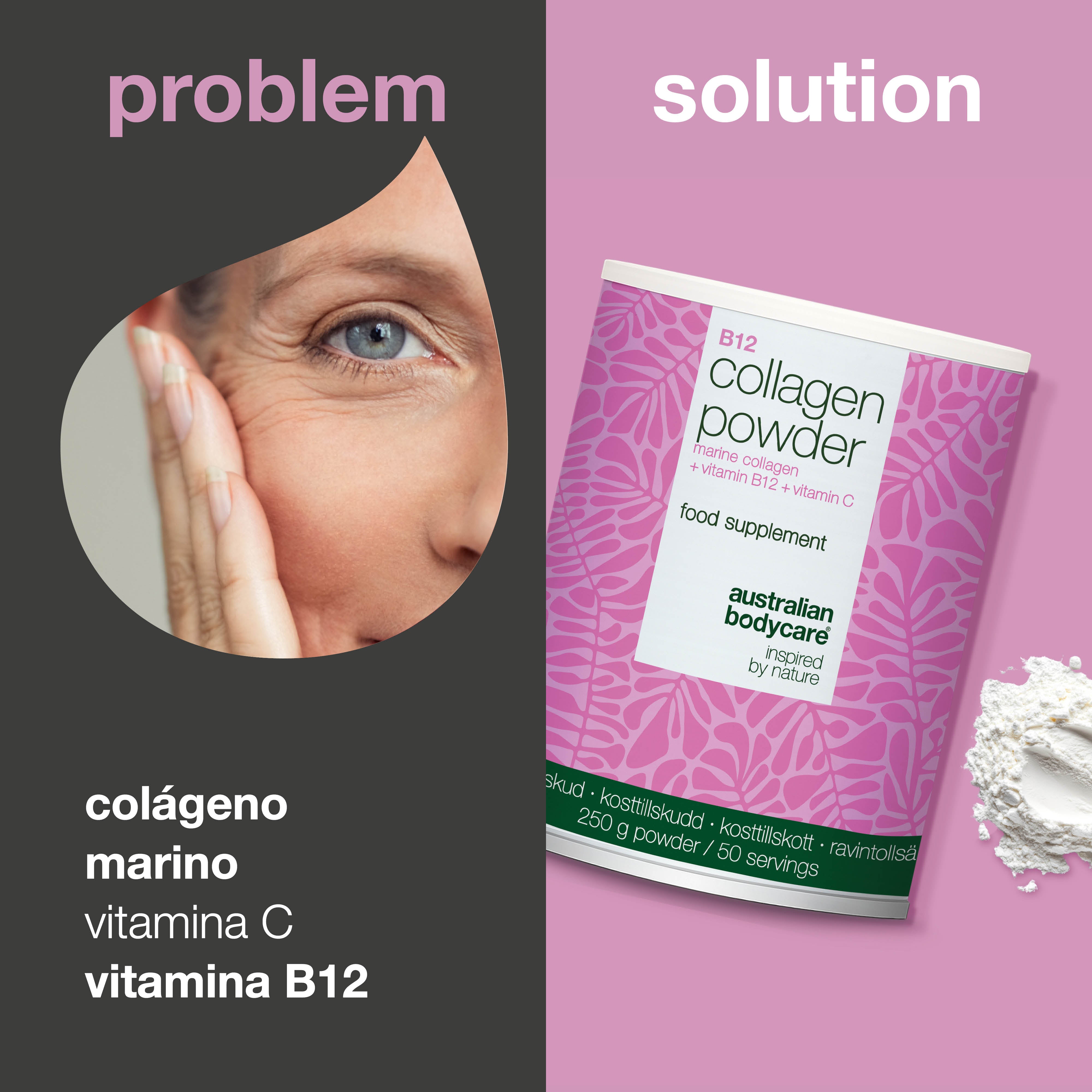 Polvo de colágeno para uso diario en bebidas o comidas. Fácil de incorporar a tu rutina. Con colágeno marino, vitamina C y vitamina B12.