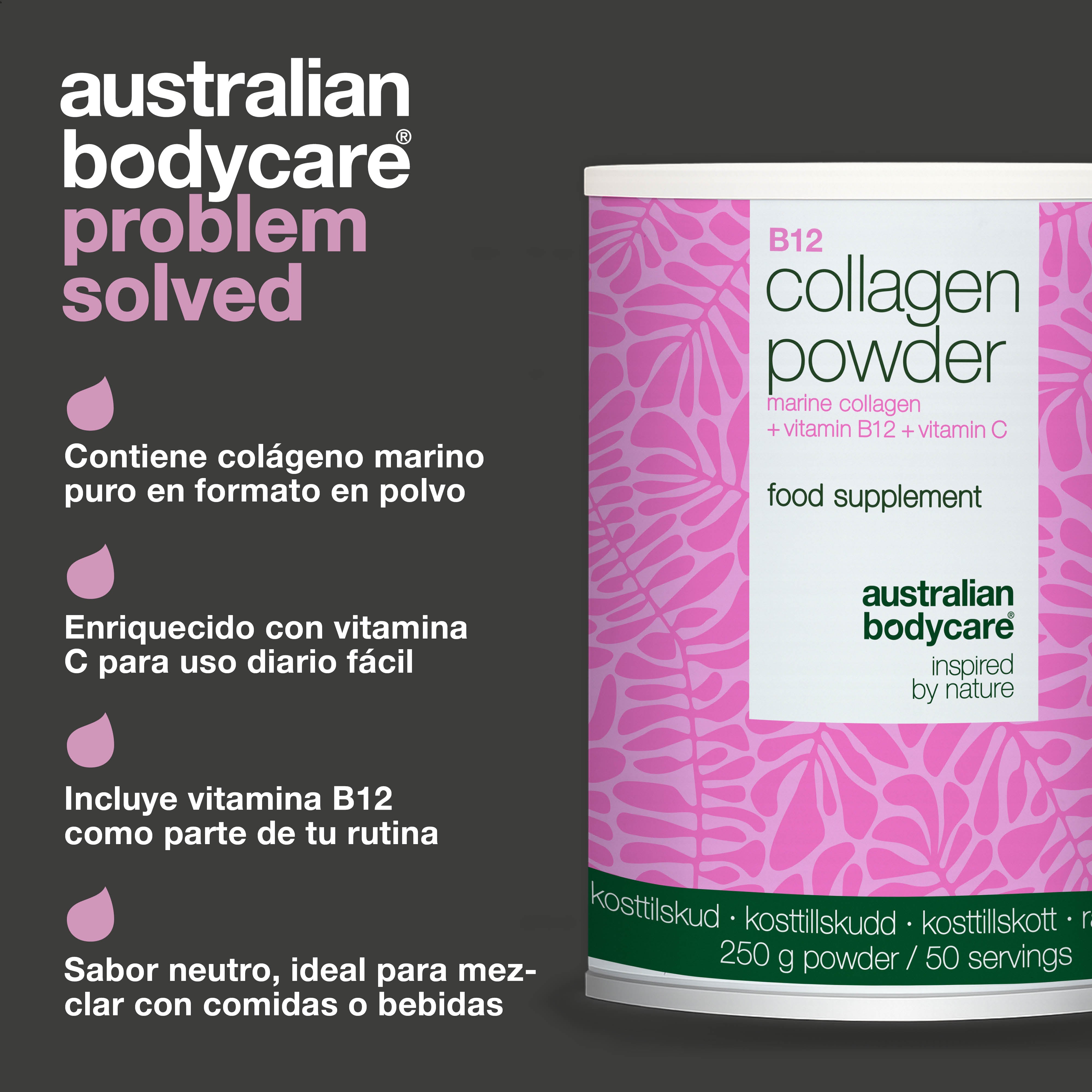 Polvo de colágeno para uso diario en bebidas o comidas. Fácil de incorporar a tu rutina. Con colágeno marino, vitamina C y vitamina B12.