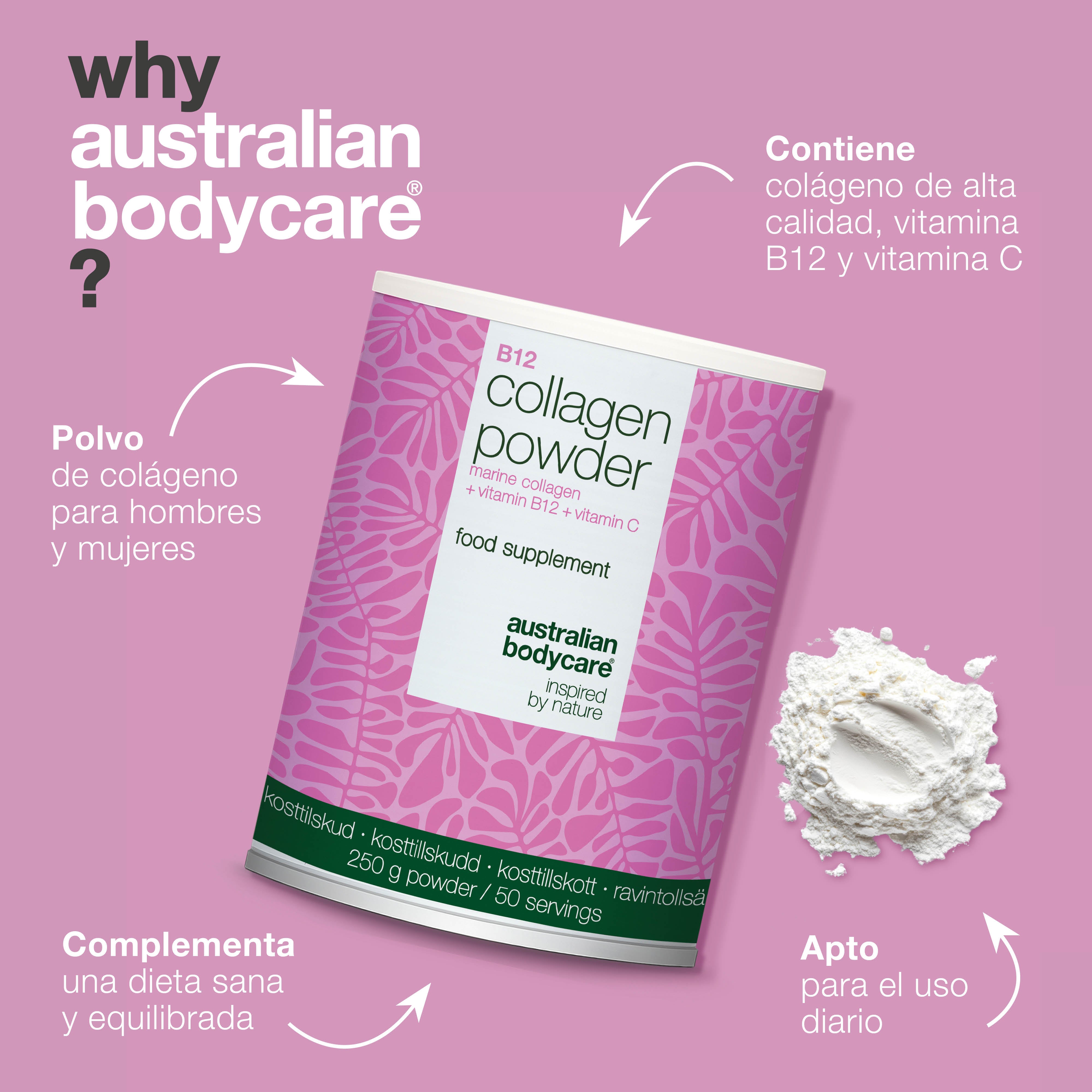 Polvo de colágeno para uso diario en bebidas o comidas. Fácil de incorporar a tu rutina. Con colágeno marino, vitamina C y vitamina B12.
