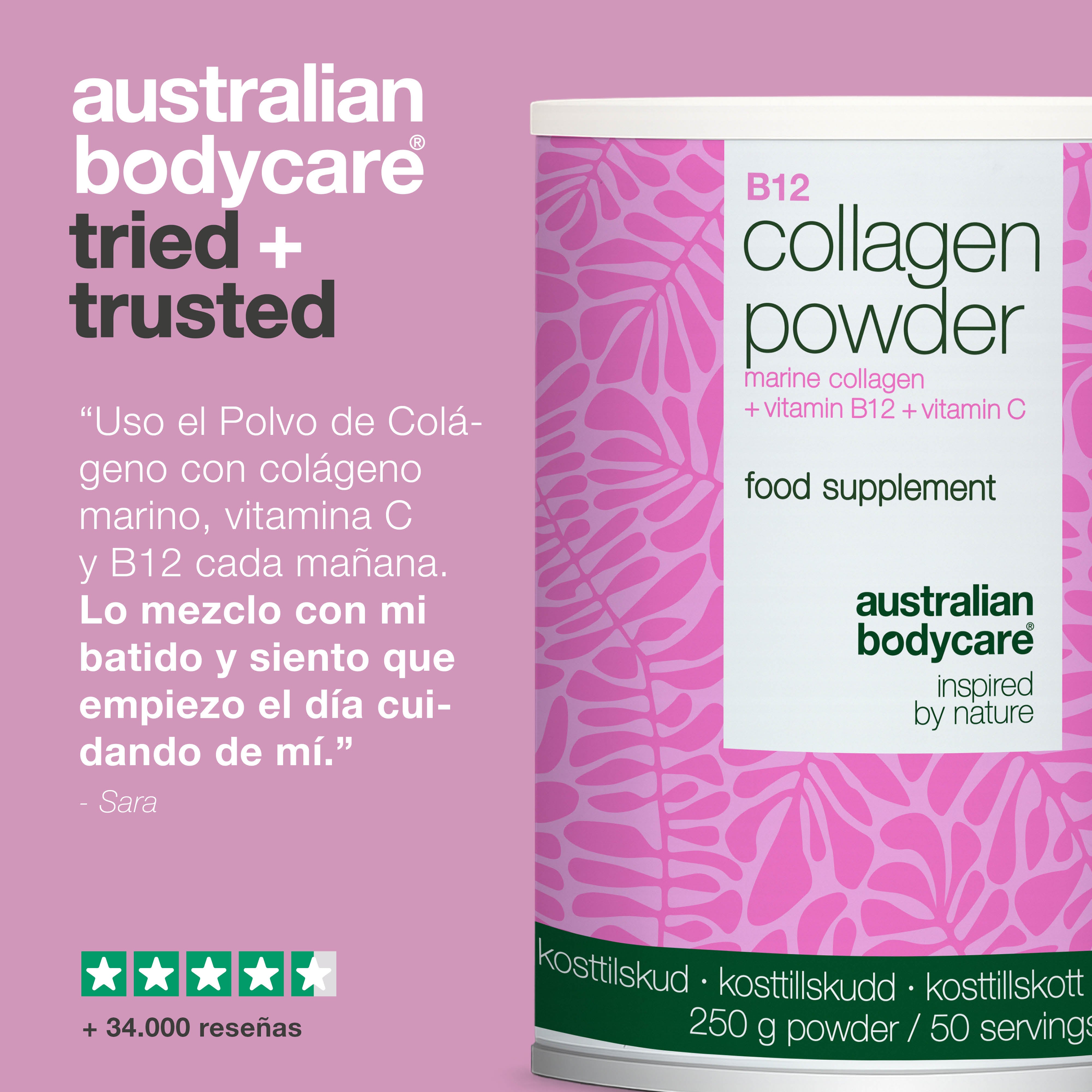 Polvo de colágeno para uso diario en bebidas o comidas. Fácil de incorporar a tu rutina. Con colágeno marino, vitamina C y vitamina B12.